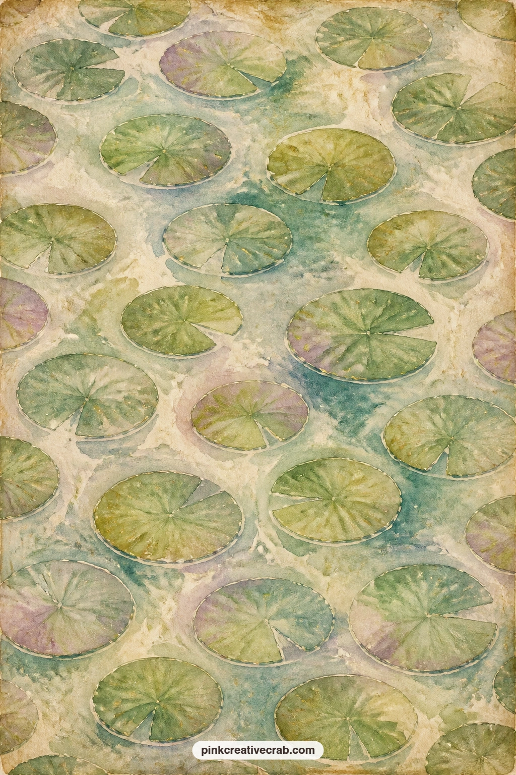 Lily Pad Repeat Pattern printable page — Rounded lily pads float in loose rows across the whole sheet in soft moss green and cream. Dragonfly junk journal