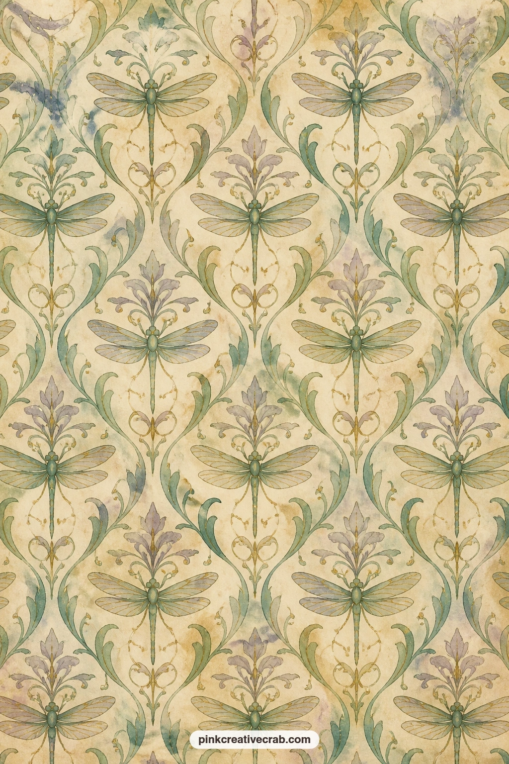 Art Nouveau Dragonfly Motif Pattern printable page — Curving art nouveau dragonfly motifs repeat in a formal damask style layout across the page in muted gold
