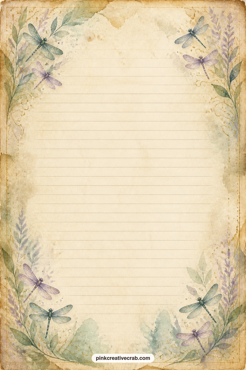 Dragonfly Corner Lined Page printable page — Small painted dragonflies gather in each corner around faint ruled lines left open for writing. Dragonfly junk