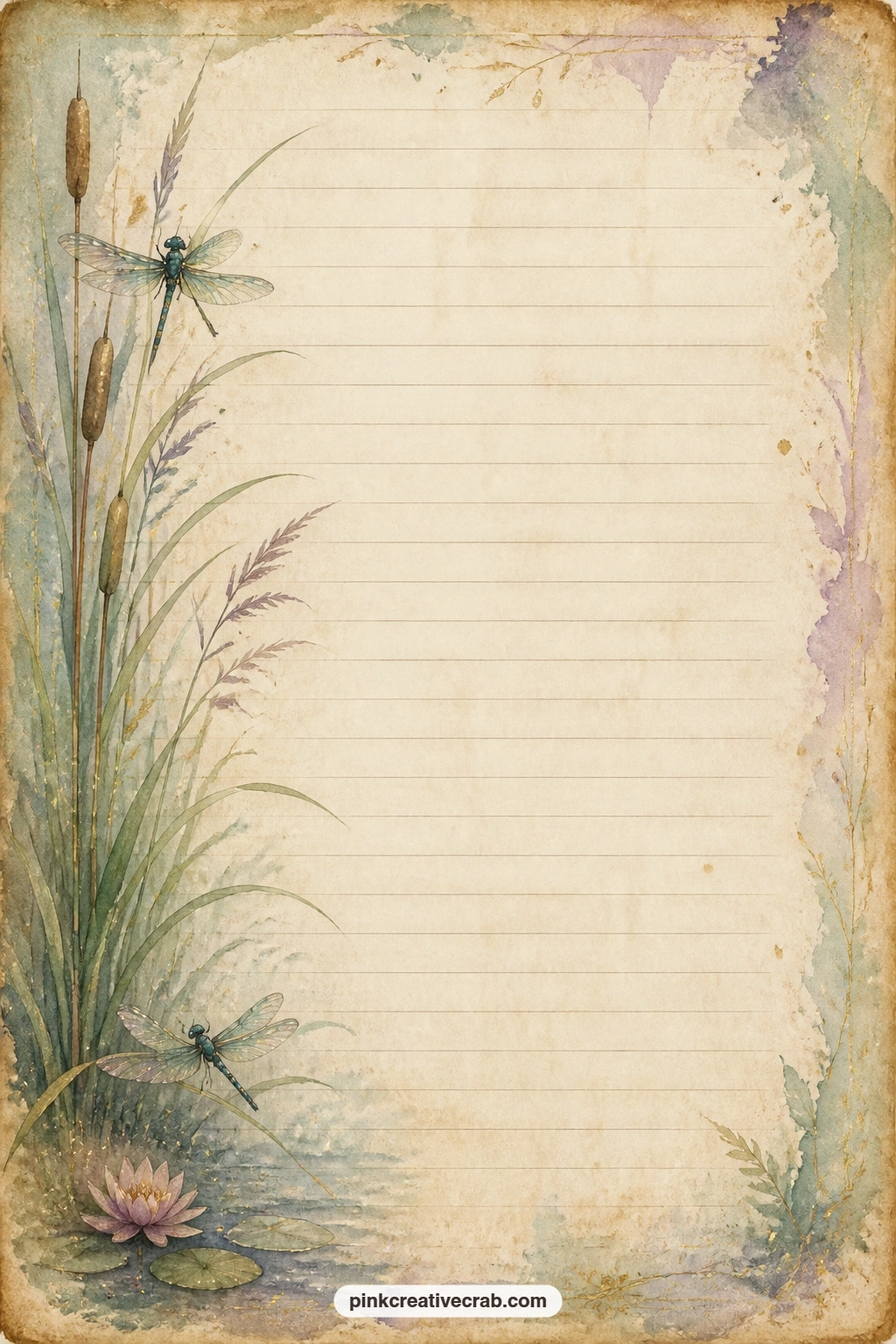 Reeds Band Lined Page printable page — A soft band of tall reeds runs down one side of the page, faint lines sitting open beside it for writing. Dragonfly junk