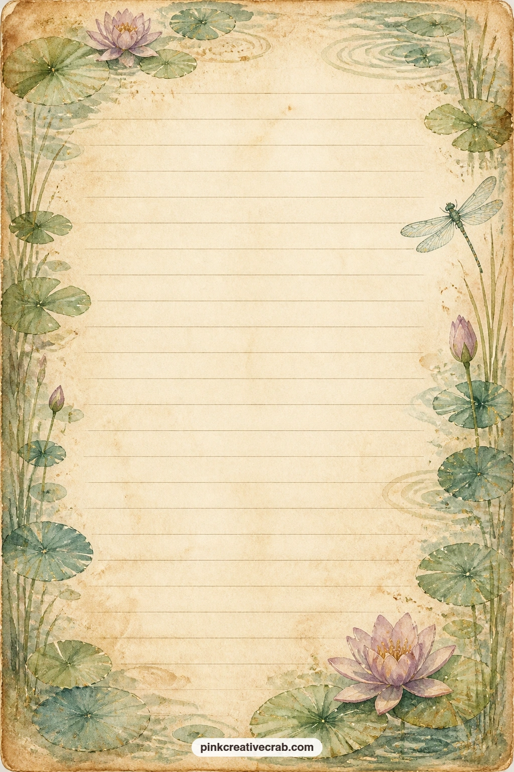 Lily Pad Frame Lined Page printable page — Lily pads and a single dragonfly frame the outer edge of the page, leaving faint ruled lines open in the centre for
