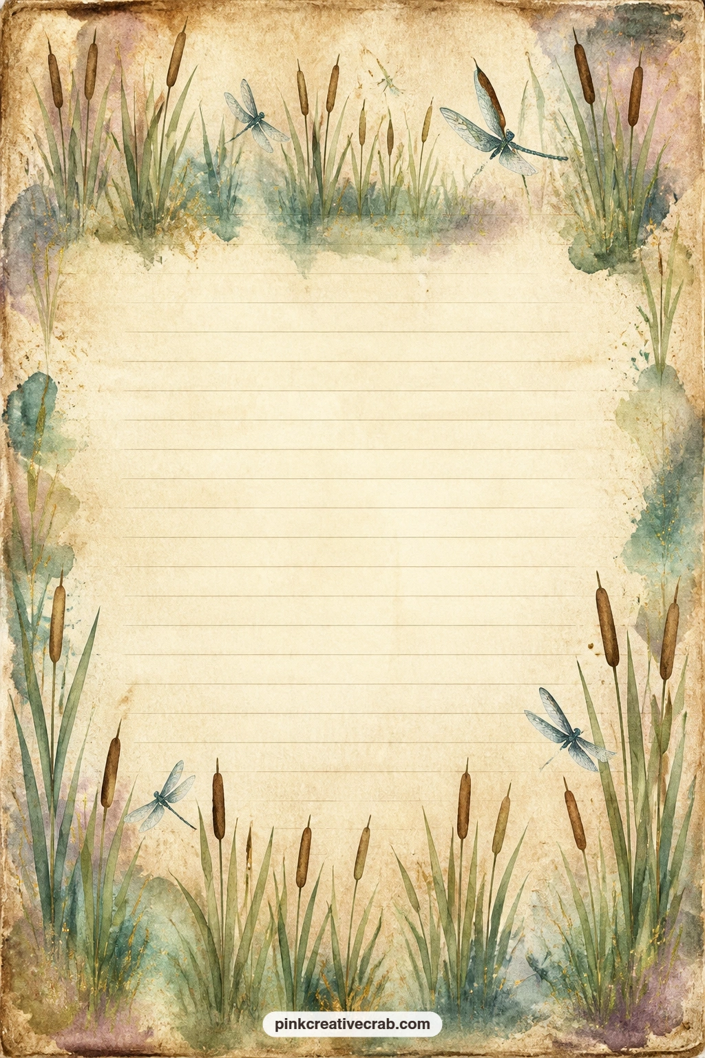 Cattail Border Lined Page printable page — Tall cattails border the top and bottom of the page around faint lines left open for writing. Dragonfly junk journal