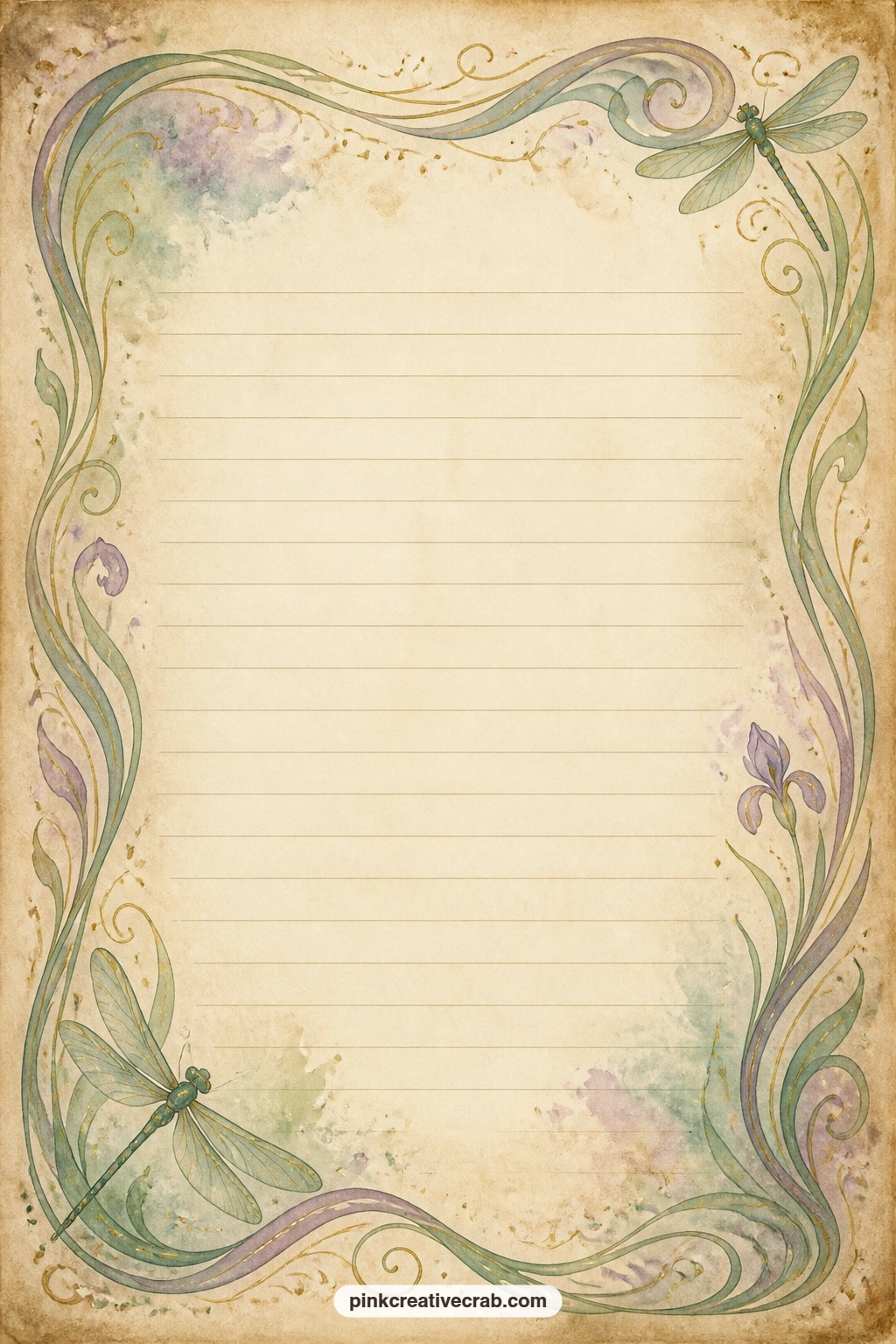 Art Nouveau Curve Border Lined Page printable page — A flowing art nouveau border of curling lines and a small dragonfly motif wraps the page, faint ruled