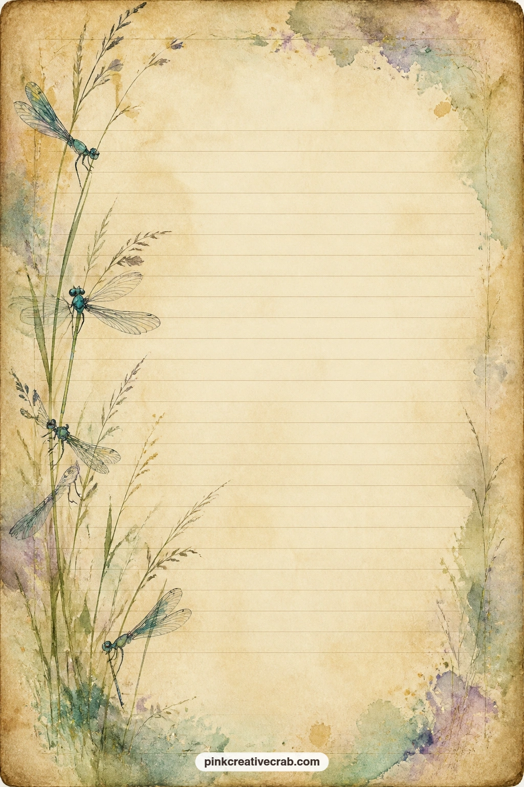 Damselfly Spray Lined Page printable page — A light spray of damselflies and thin grass stems trails along one edge of the page, faint lines left open beside