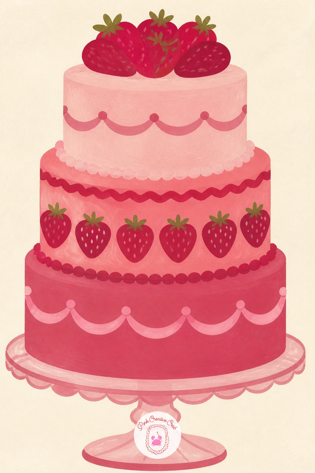 Pink Layer Cake With Strawberries — Start with the cake everyone pins first, a tall pink layer cake on a glass stand, because the shapes are simple blocks and