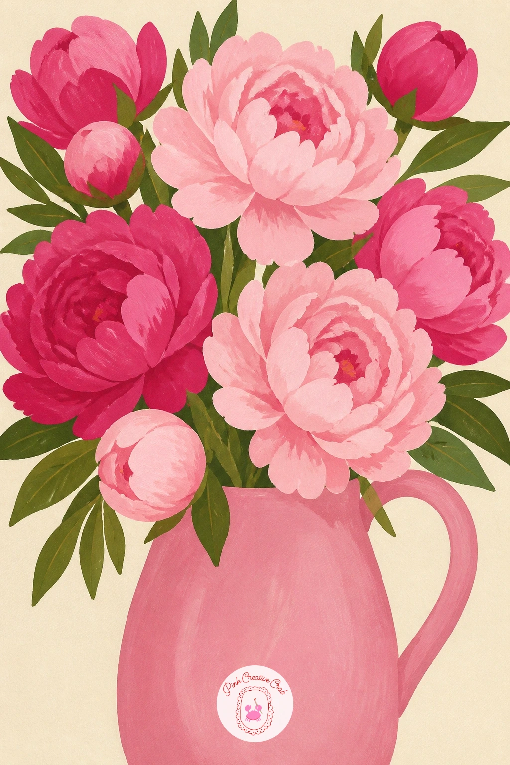 Peony Bouquet in a Pink Jug — Move from cake to flowers with a peony bouquet gathered into a pink ceramic jug, a subject that rewards loose, confident petal
