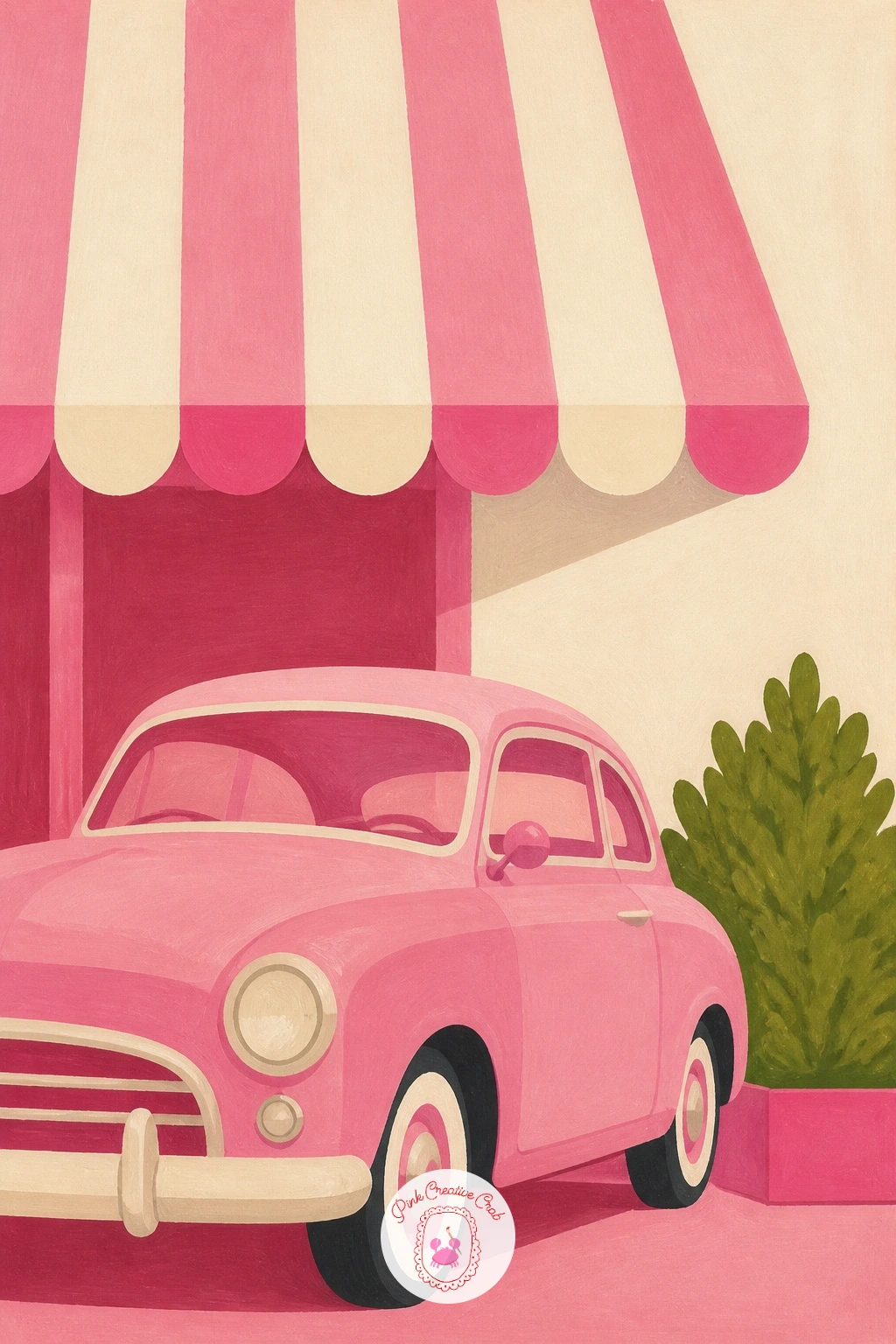 Pink Vintage Car by a Candy-Striped Awning — Take the pink out into the street with a vintage car parked under a candy-striped awning, a subject built almost