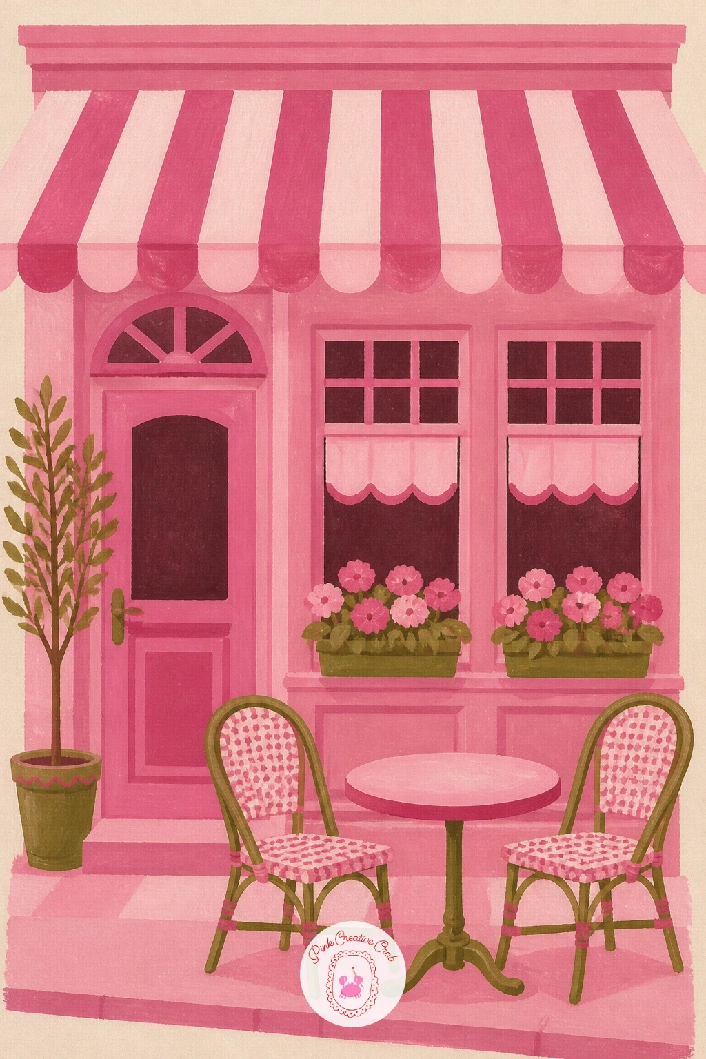 Pink Cafe Front With Bistro Chairs — Keep the street scene going with a pink cafe front, its facade filling most of the page with a row of bistro chairs set