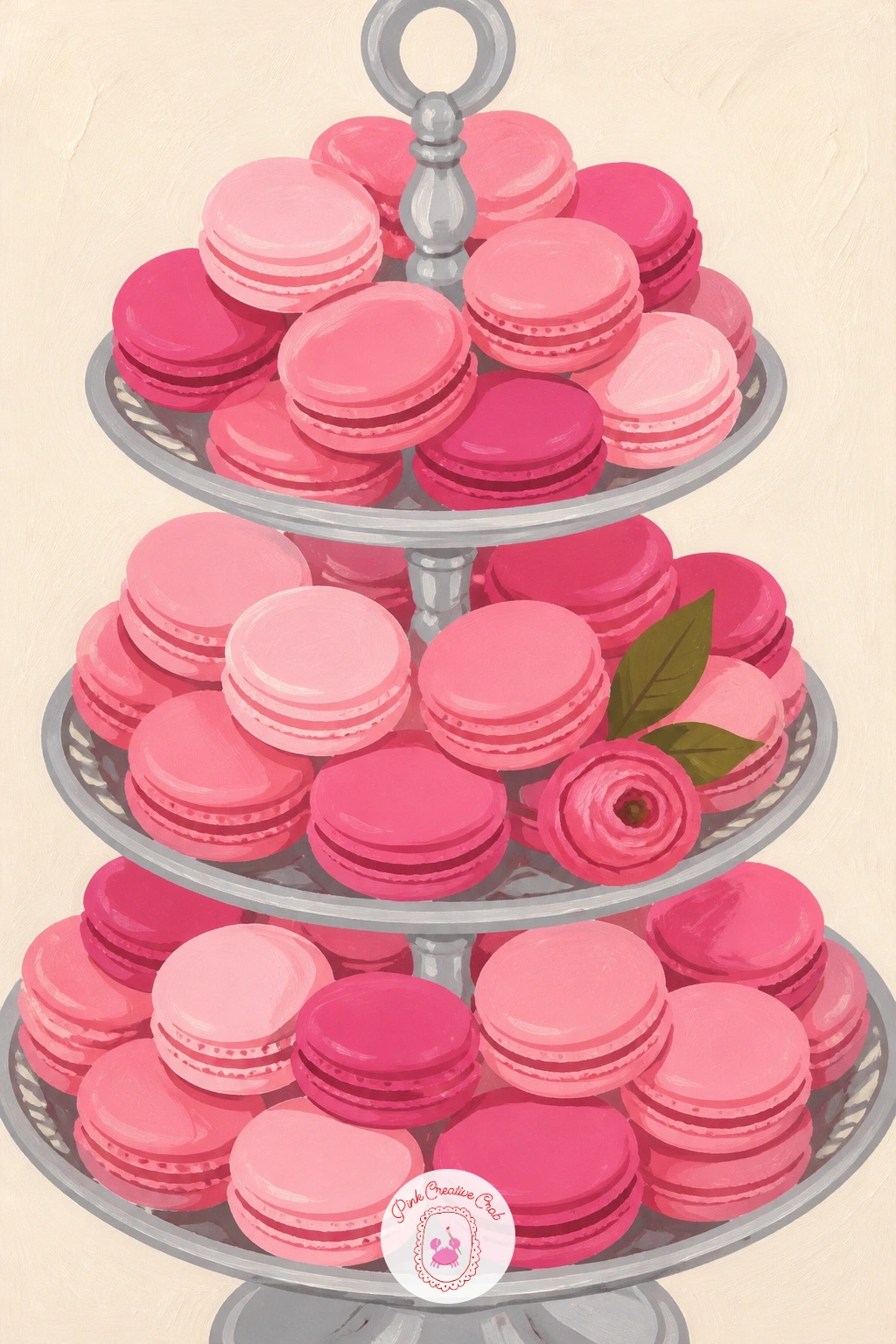 Pink Macaron Tower on a Silver Tray — Bring the pink back indoors with a macaron tower, a stack of round shells building up a tiered silver tray, and a