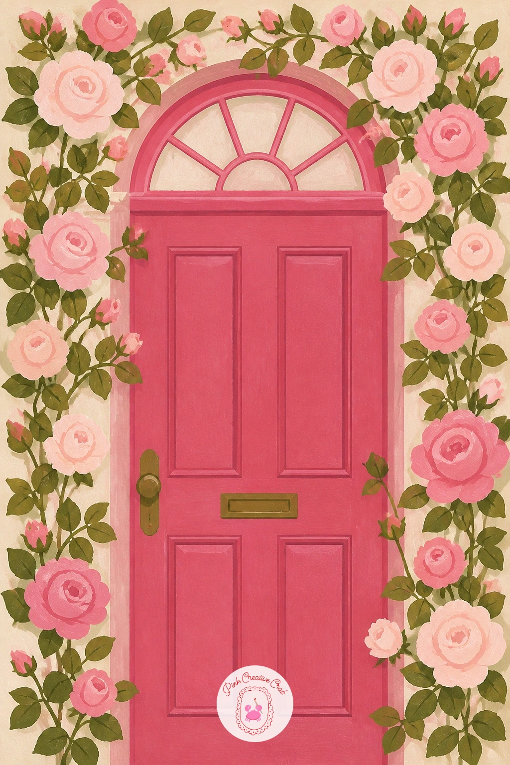 Pink Front Door Framed by Climbing Roses — Step up to a pink front door wrapped in climbing roses, a composition that works because the door's flat rectangle