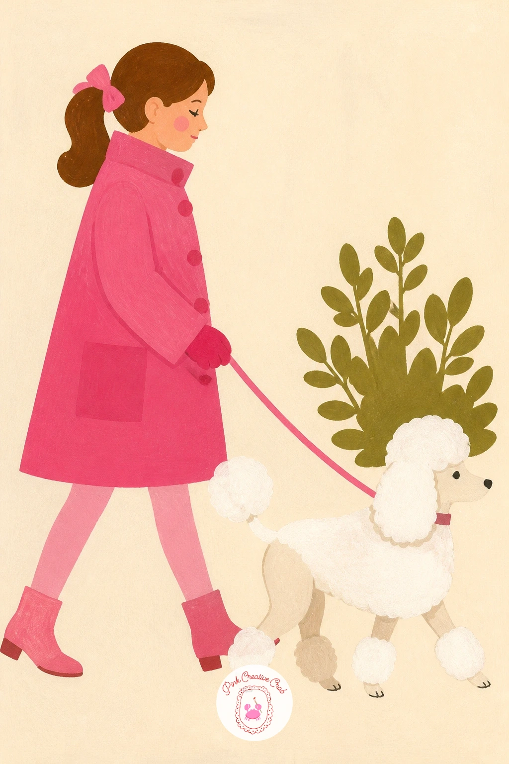Girl in a Pink Coat Walking a White Poodle — Bring a little life into the series with a girl in a pink coat walking a white poodle, a small scene rather than