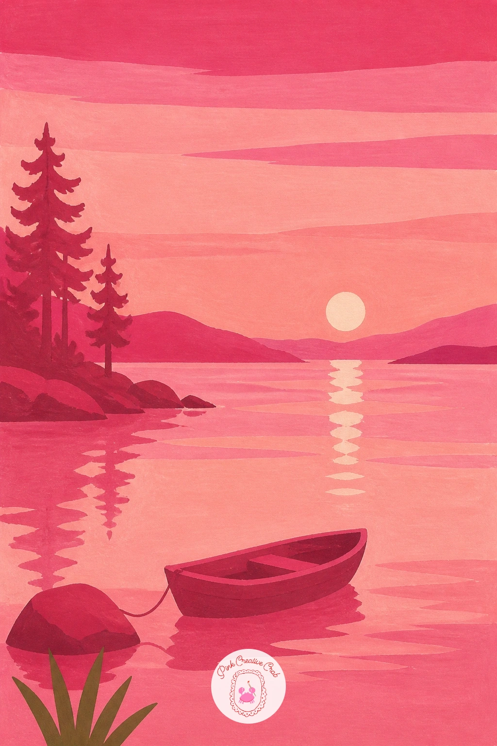 Pink Sunset Over a Calm Lake With a Rowboat — Slow the pace right down with a pink sunset over a calm lake, one small rowboat drifting near the shore, a