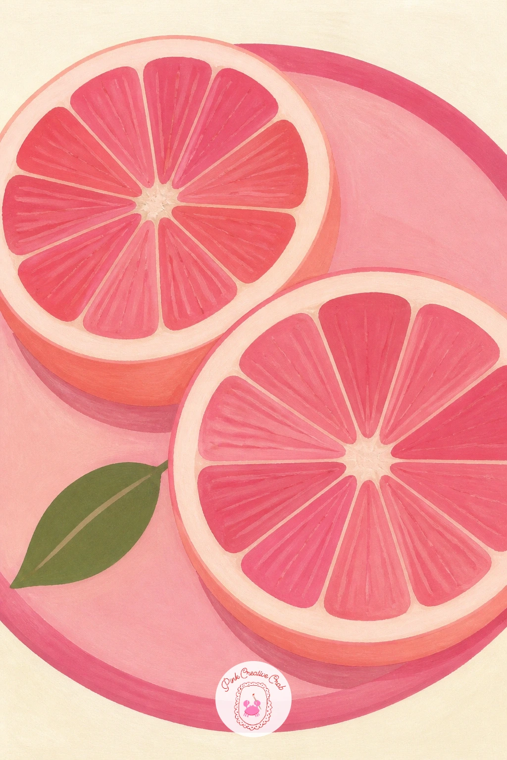 Plate of Pink Grapefruit Halves — Come back indoors for something quick, a plate of pink grapefruit halves, which is really just two overlapping circles with a