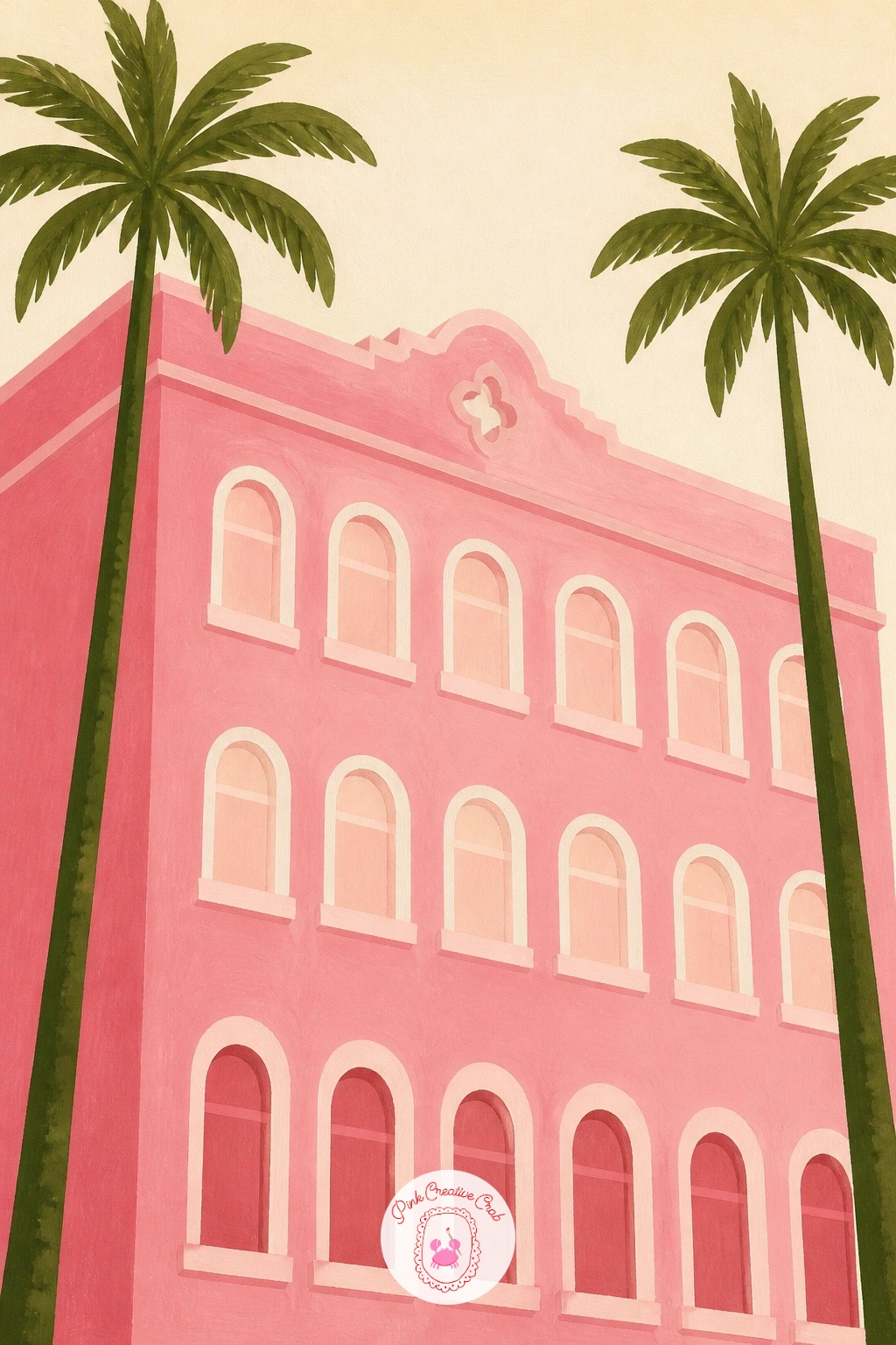 Pink Hotel Facade With Arched Windows and Palm Trees — Go grand with a pink hotel facade, arched windows marching along its front and a palm tree or two