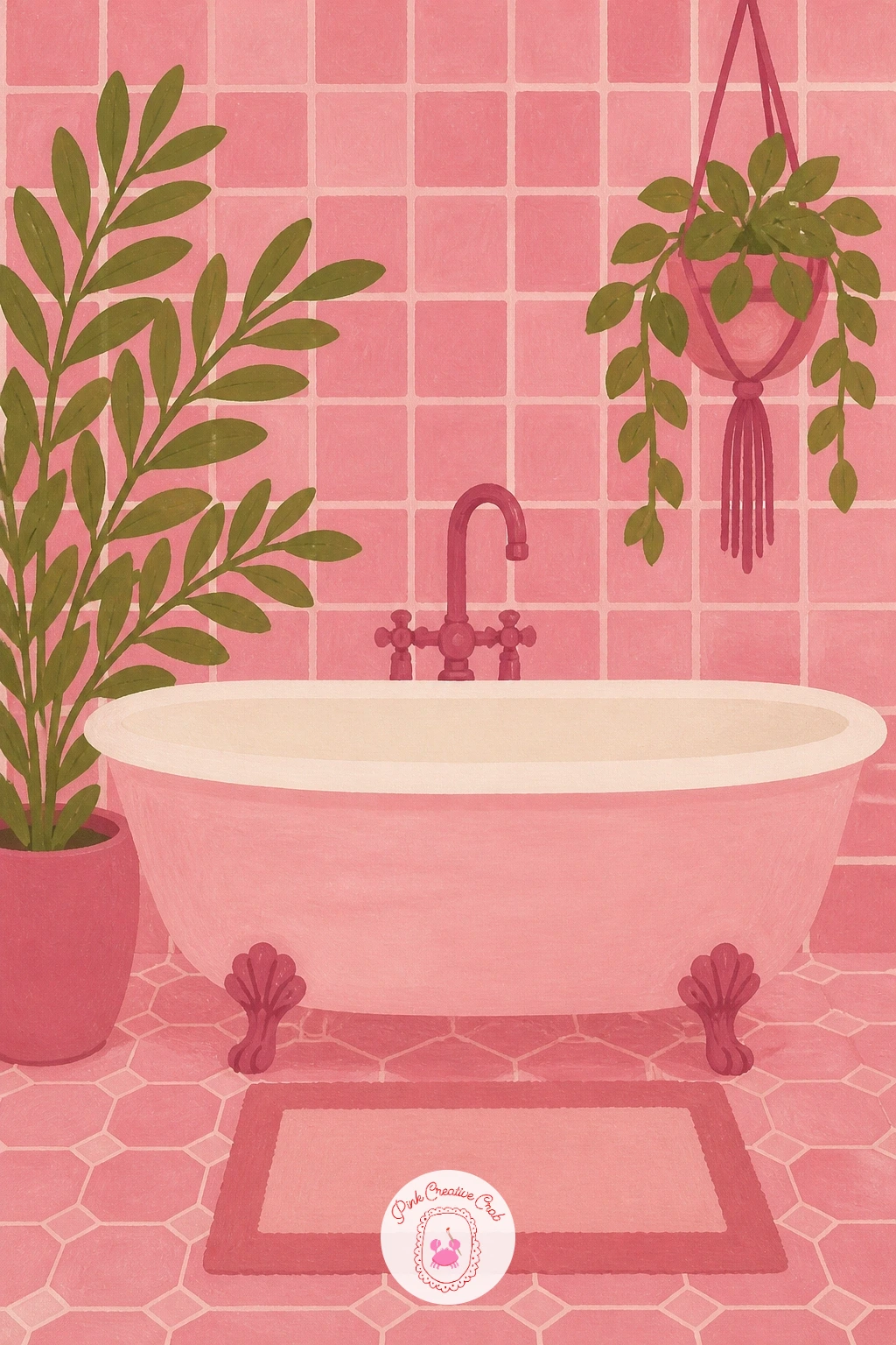 Pink Bathroom With a Clawfoot Tub and Plants — Slip into something cozier with a pink bathroom, a clawfoot tub at its center and a few plants gathered around