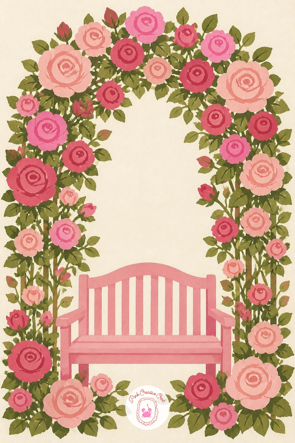 Rose Garden Arch Over a Pink Bench — Carry the garden feeling further outdoors with a rose garden arch standing over a small pink bench, a composition built on