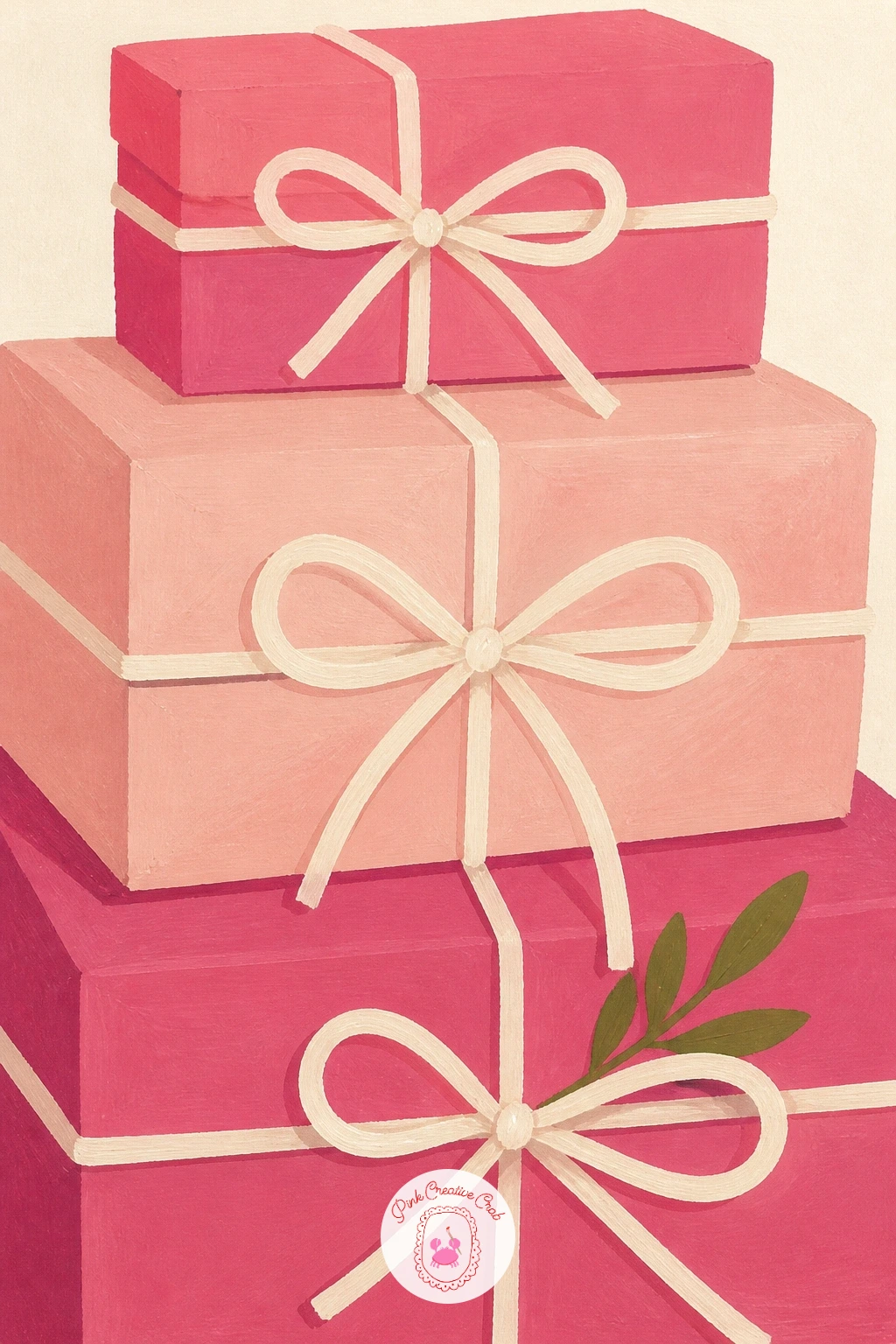 Stack of Pink Gift Boxes Tied With String — Slow down again with something quick and graphic, a stack of pink gift boxes tied with string, which is really just