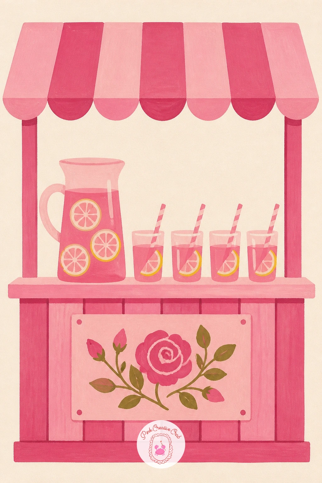 Pink Lemonade Stand — Set up a pink lemonade stand next, a little wooden counter with a jug and glasses lined up, a scene that works well as a small, friendly
