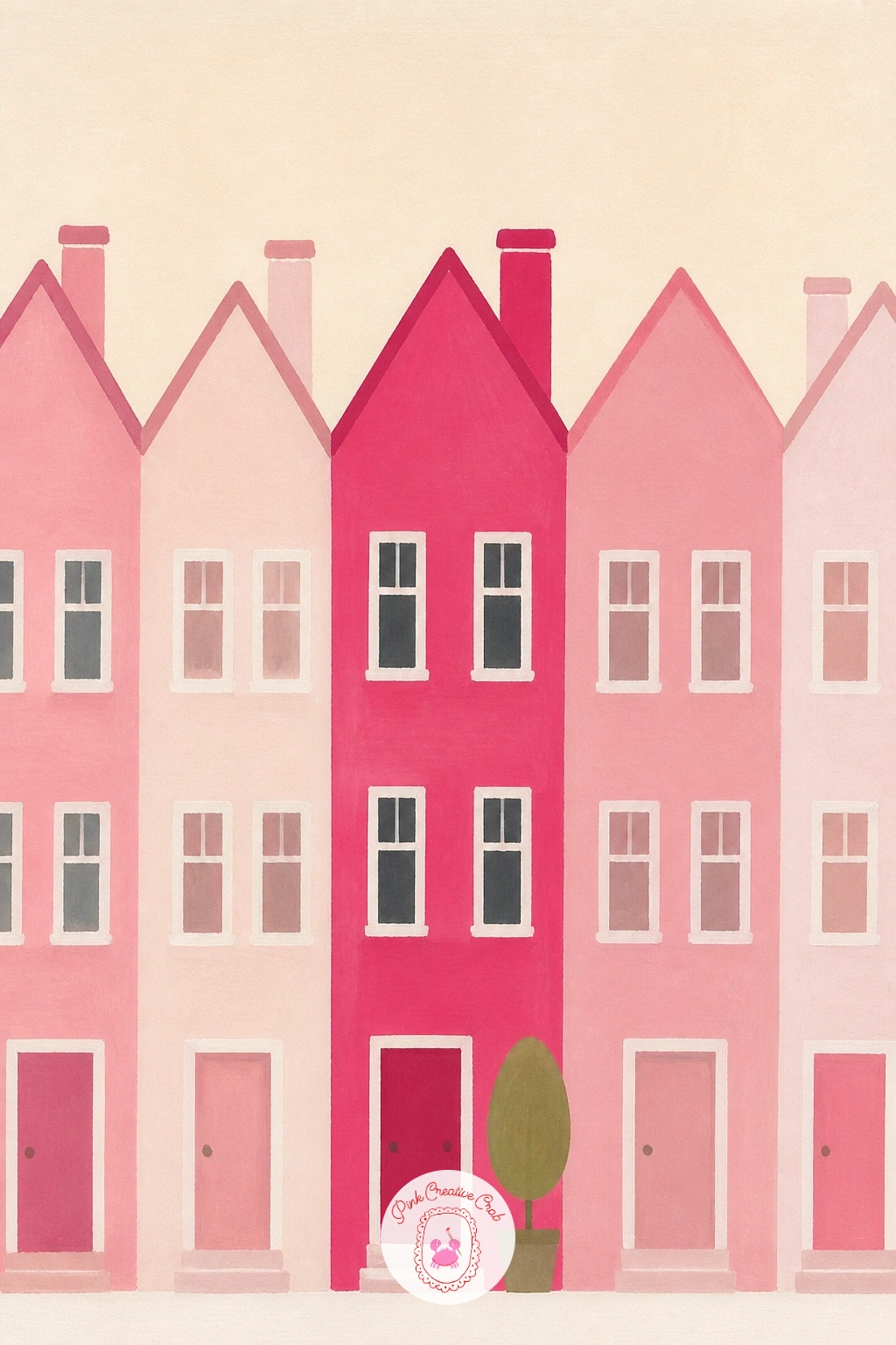 Pink House in a Row of Pastel Houses — Zoom out to a street scene with a pink house standing in a row of pastel houses, the pink one clearly the hero even