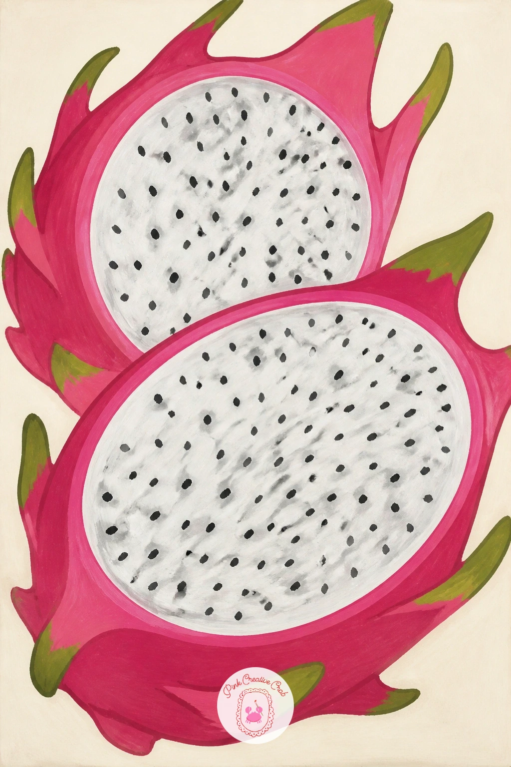 Pink Dragon Fruit Cut in Half — Come back to food with a pink dragon fruit cut open, a subject that is really an exercise in painting a pattern, since the