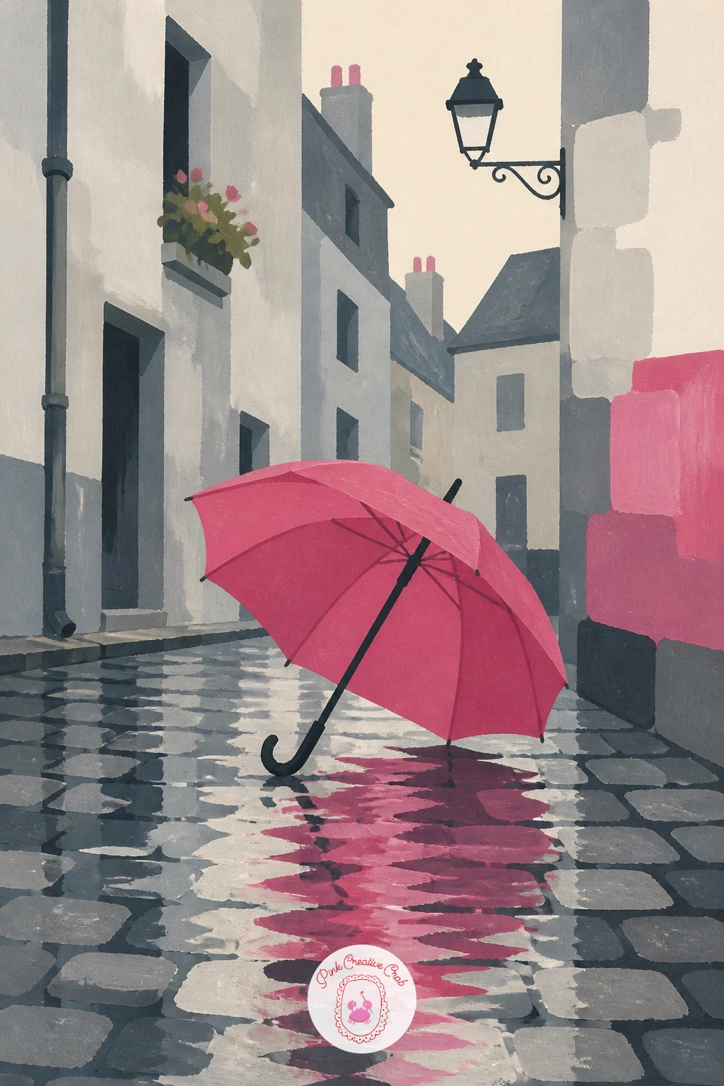 Pink Umbrella on a Rainy Cobbled Street — Take a slower, moodier turn with a single pink umbrella open on a rainy cobbled street, a small scene that leans on