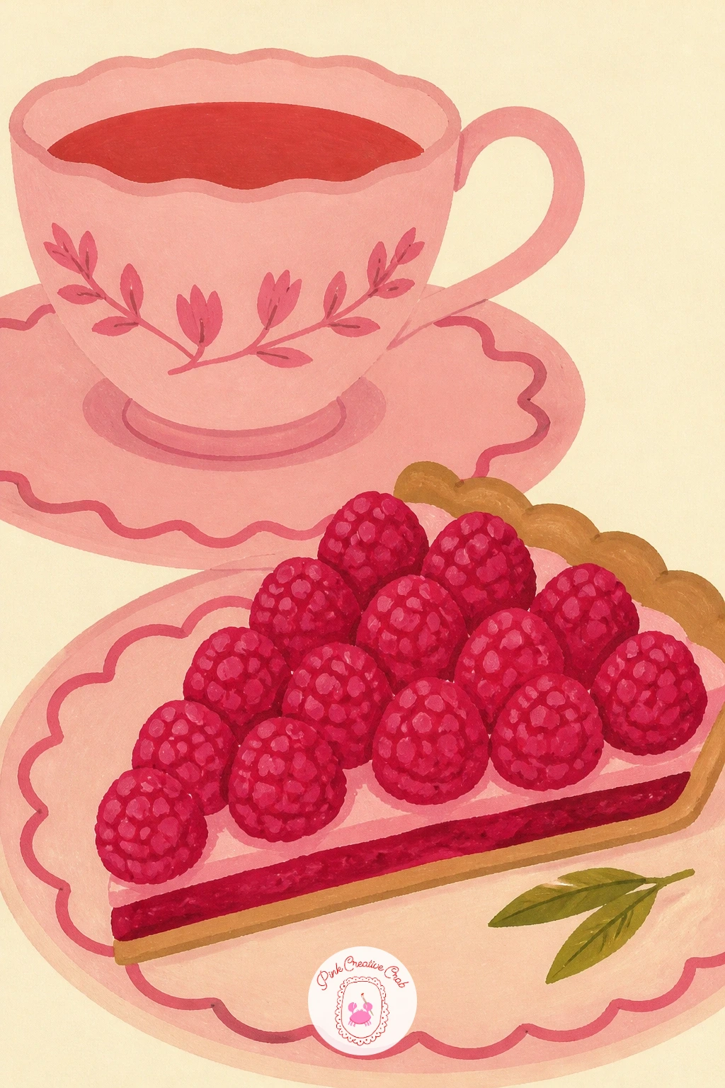 Pink Teacup With a Slice of Raspberry Tart — Settle back into something small and sweet with a pink teacup beside a slice of raspberry tart, a tabletop still