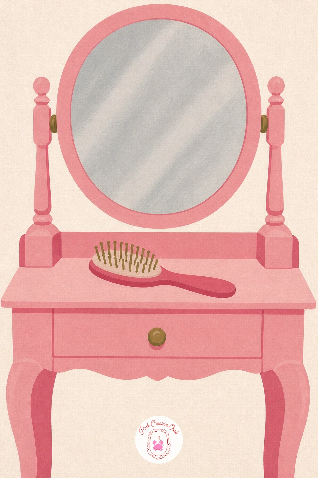Pink Vanity With a Round Mirror and Hairbrush — Step into a quiet bedroom corner with a pink vanity table, a round mirror standing on top and a hairbrush