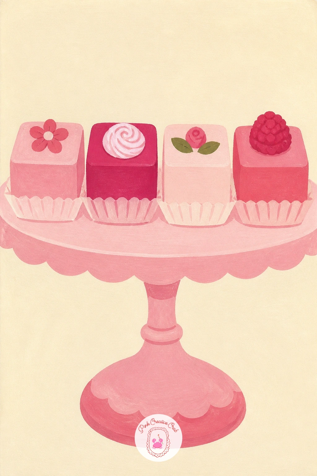 Pink Cake Stand With Petit Fours — Return to the dessert table with a pink cake stand holding a neat row of petit fours, small square iced cakes lined up like