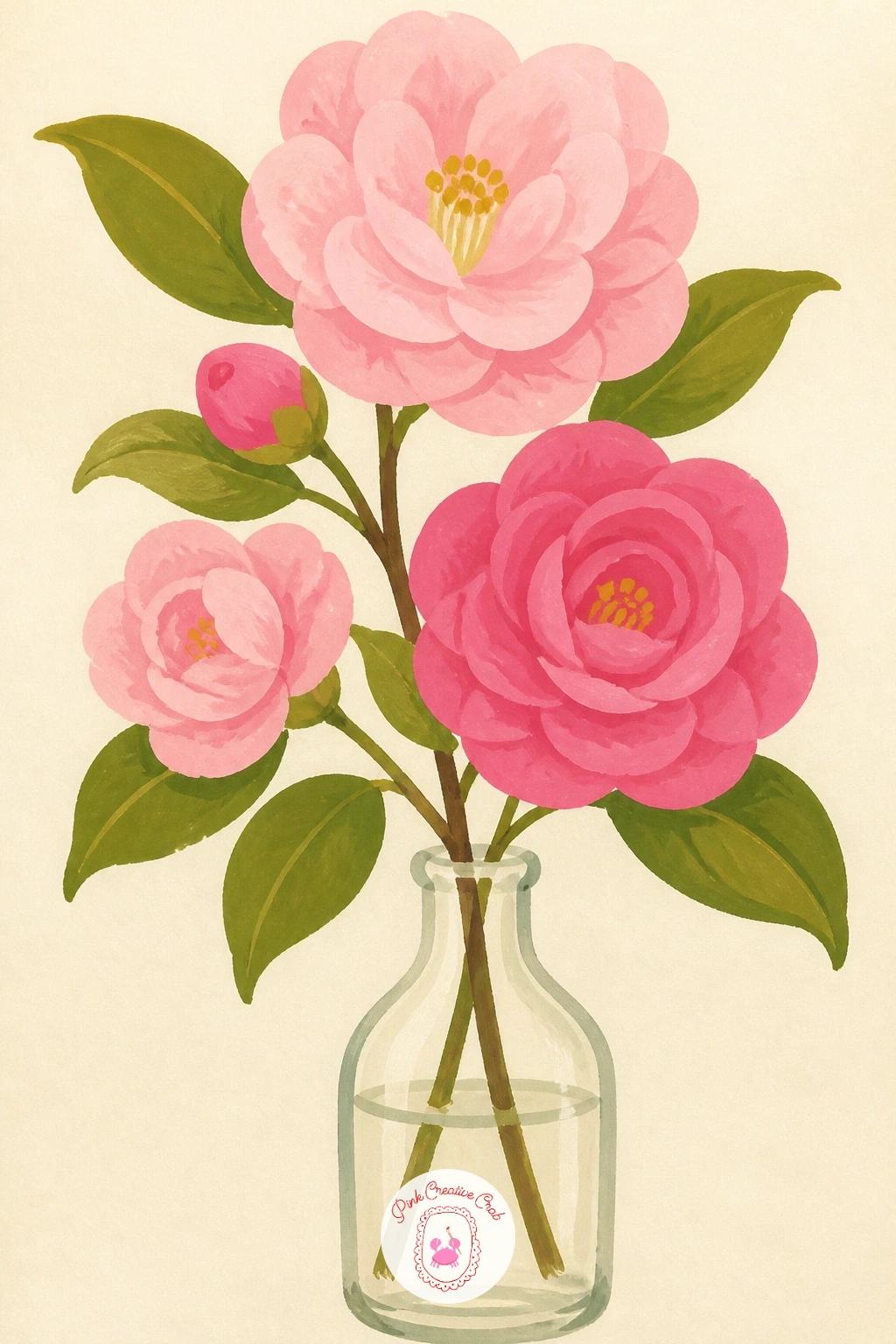 Pink Camellia Branch in a Glass Bottle — Bring things back down to a quiet tabletop with a single pink camellia branch standing in a plain glass bottle, a far