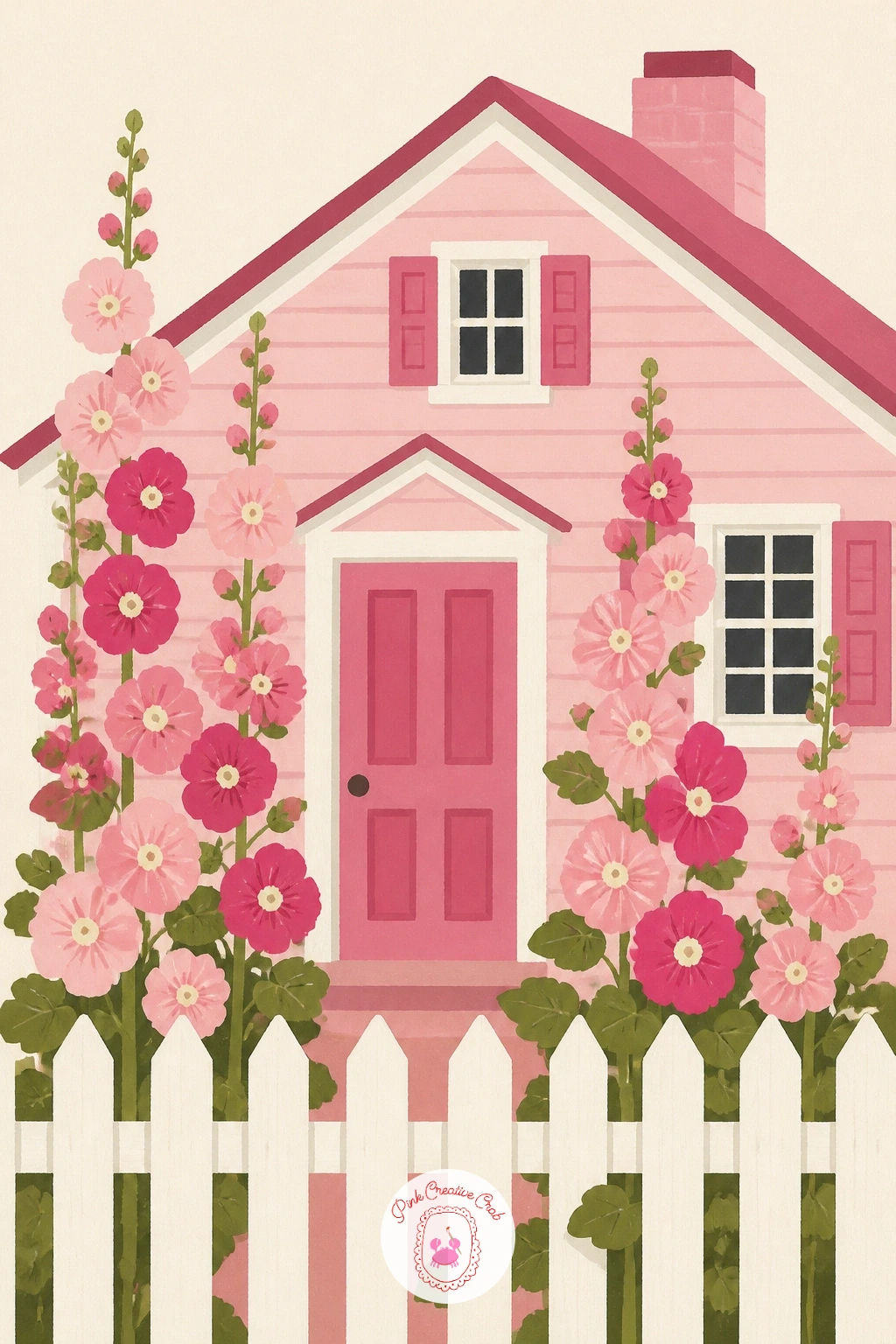 Pink Cottage With a Picket Fence and Hollyhocks — Close the list with a pink cottage behind a picket fence, tall hollyhocks standing along the wall, a fuller