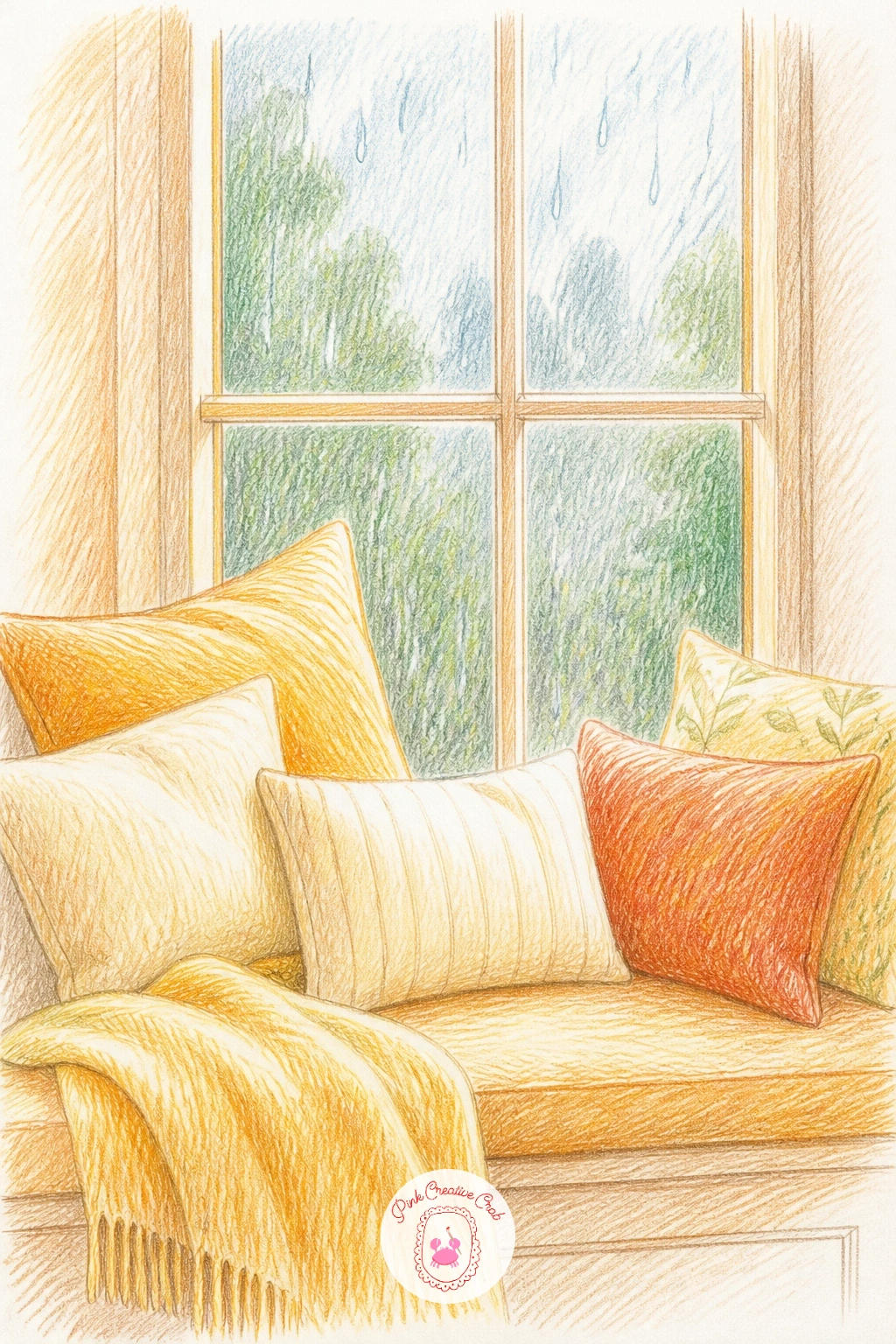 Window Seat With Cushions and Rain — Start with the window seat itself: draw a simple rectangle frame low on the page, then block in two or three plump