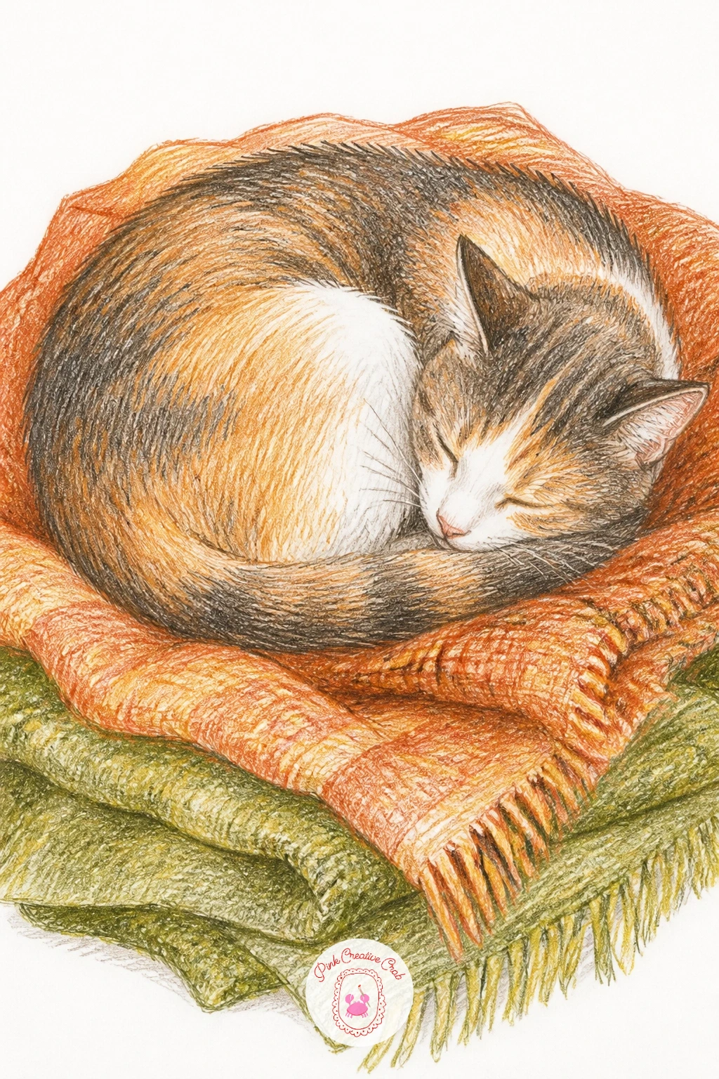 Cat Curled on a Pile of Blankets — Build the cat as one rounded oval shape tucked into a nest of folded blankets, the tail wrapping around the body in a gentle