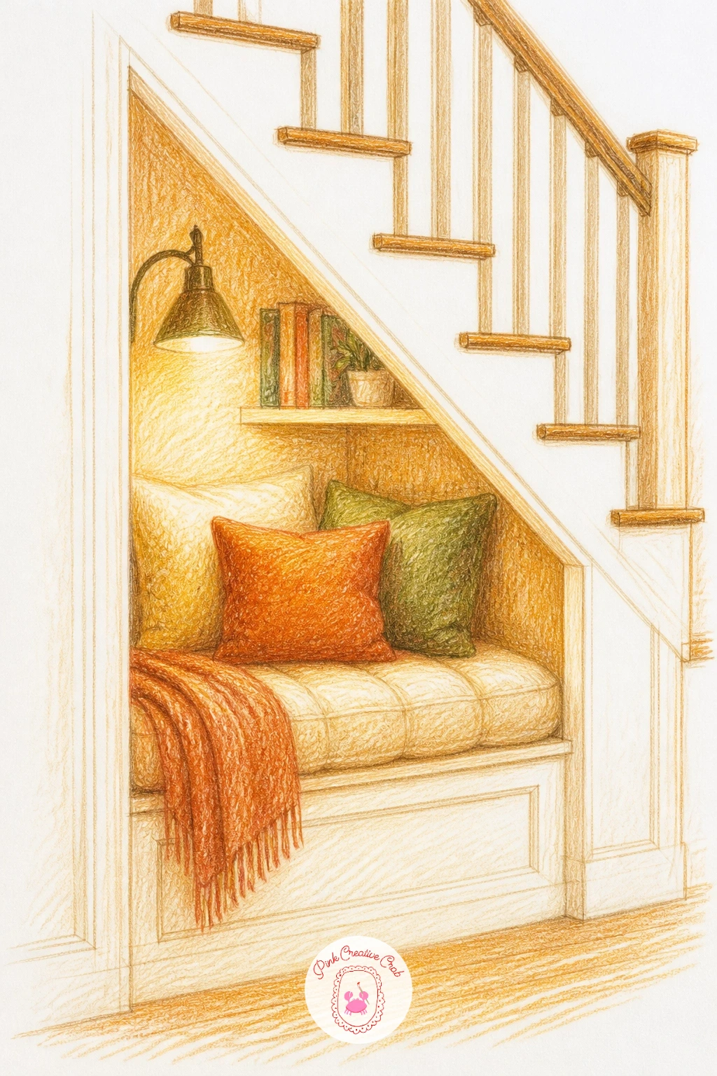 Reading Nook Under the Stairs — Sketch the diagonal line of the staircase first, since everything else in this scene has to sit correctly under it. Cozy drawing