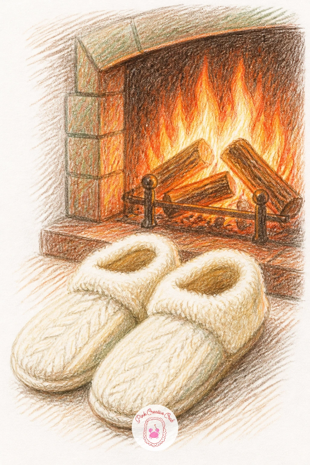 Slippers Warming by a Fireplace — Place a pair of slippers side by side, angled slightly toward each other rather than perfectly straight, which keeps them