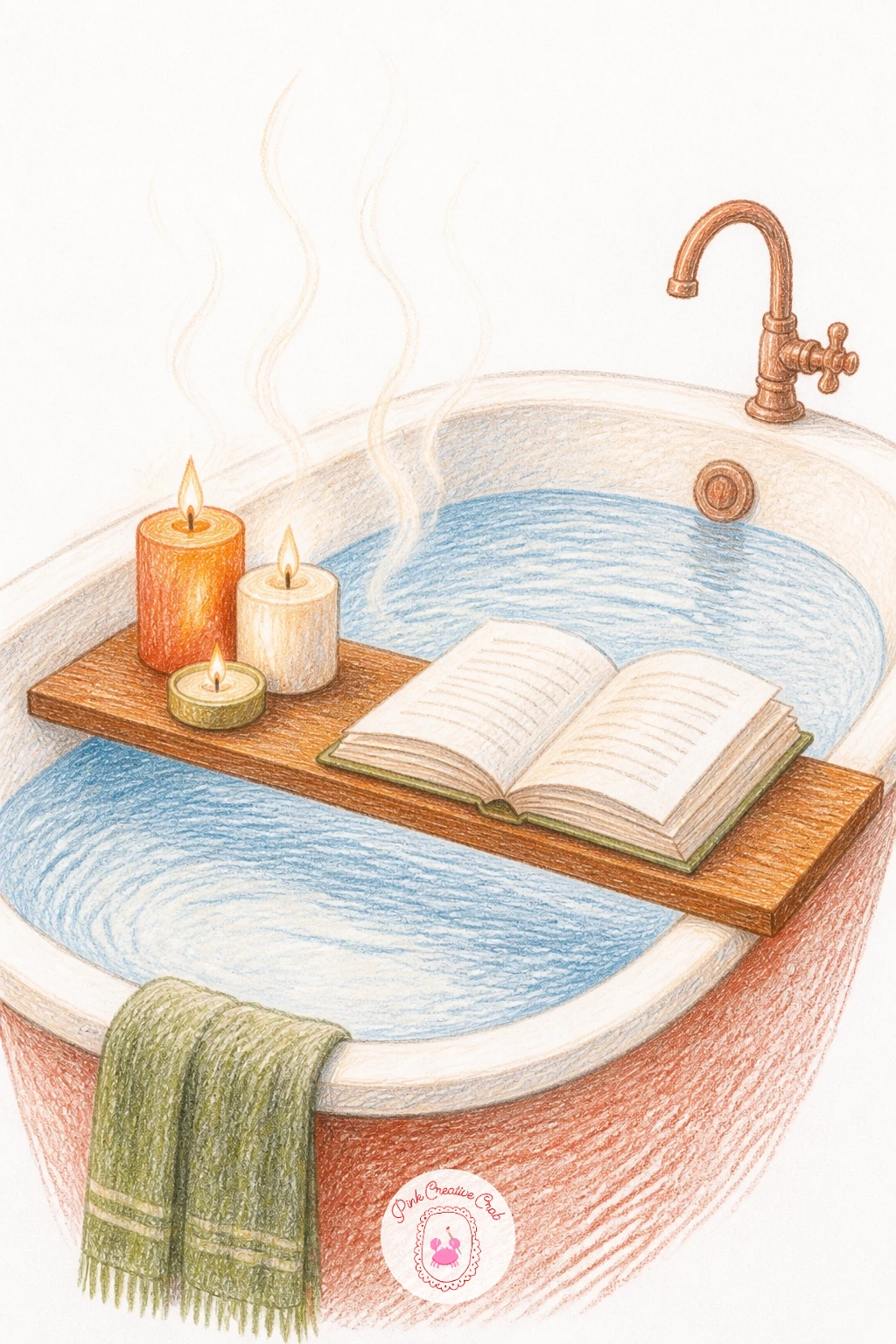 Bath With Candles and a Book — Draw the tub as a simple rounded rectangle first, then add a narrow tray resting across the rim holding a book and two or three