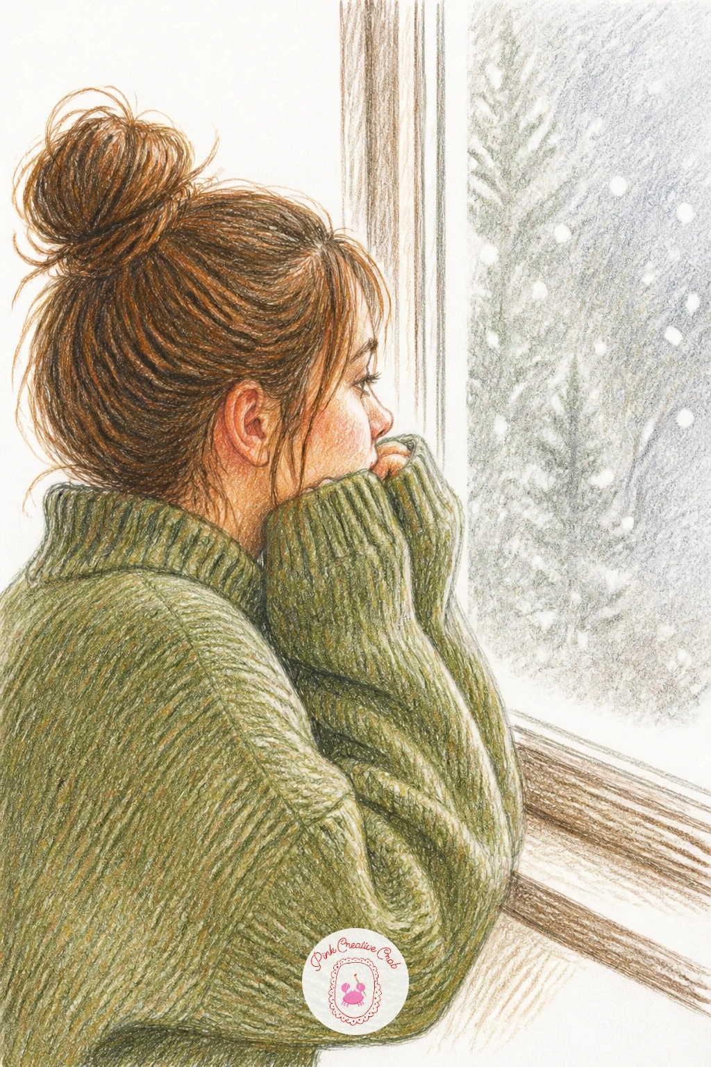 Girl in an Oversized Sweater Watching Snow — Block in the figure first as simple large shapes: a big rounded sweater body, two smaller shapes for the sleeves