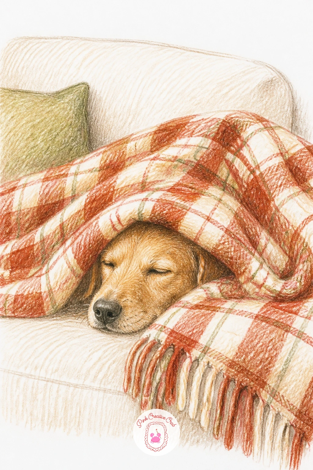 Dog Asleep Under a Plaid Throw — Follow on from a cozy sofa scene with a dog tucked underneath it: draw the sofa cushion shape first, then the dog's body as