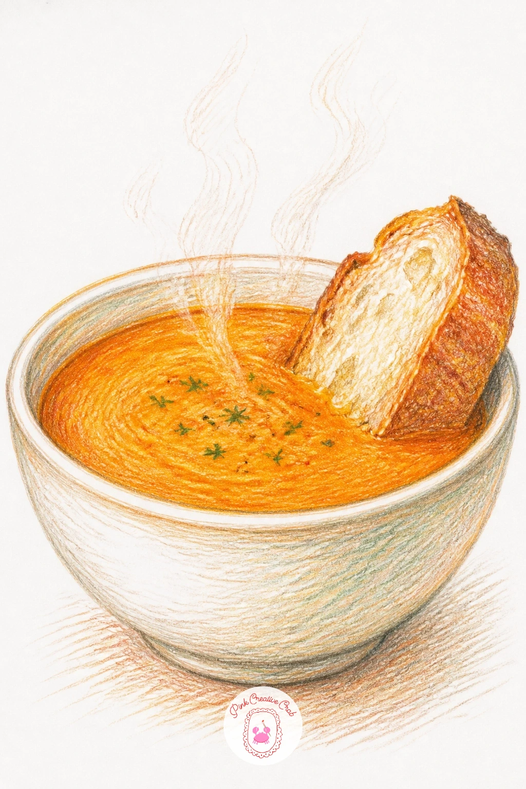 Bowl of Soup With Crusty Bread — Center the bowl on the page first, drawing it as a simple curved oval with a slightly thicker rim line, then add a rough torn