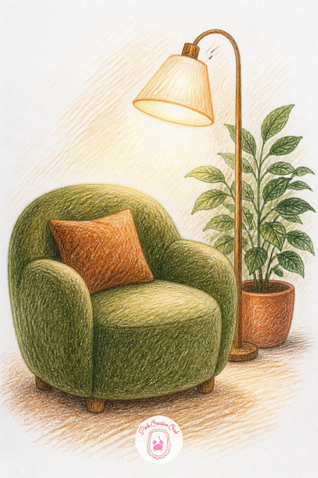 Armchair With a Floor Lamp and Plant — Arrange three simple shapes side by side: the tall rounded armchair, a slim floor lamp leaning slightly for life, and a