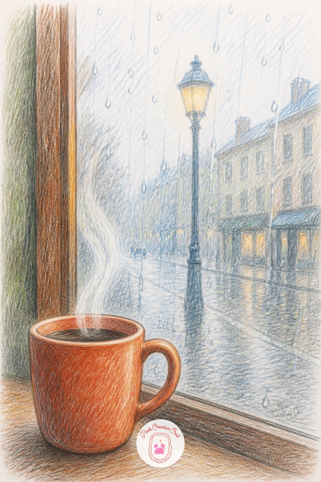 Rainy Street From a Cafe Window — Draw the cafe window frame first as a simple border close to the edges of the page, then sketch the street outside loosely