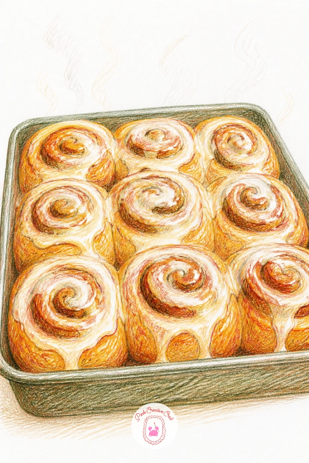 Tray of Cinnamon Rolls From the Oven — Draw a simple baking tray shape first, then fill it with four or five rounded cinnamon rolls packed close together, each