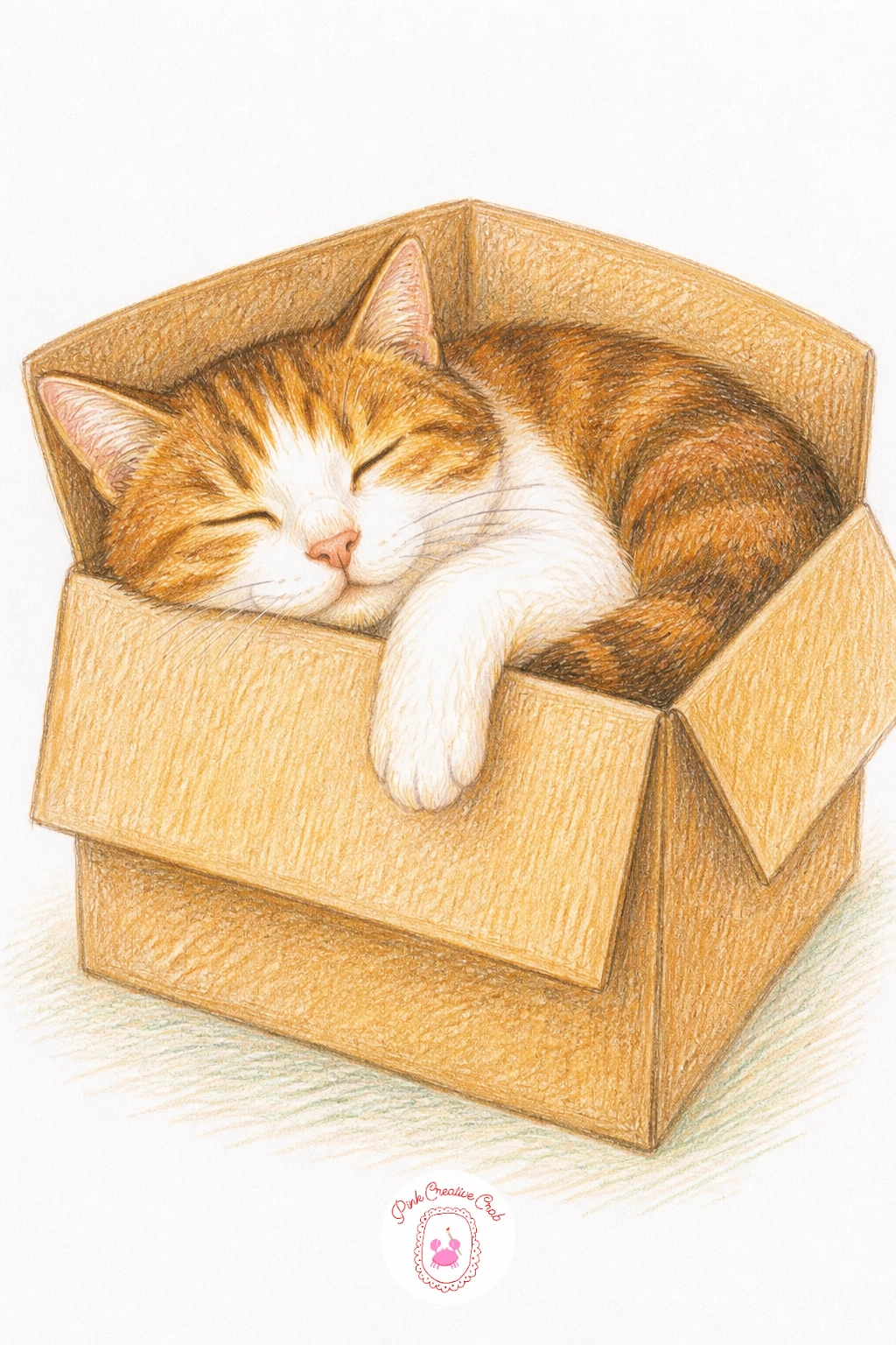 Sleepy Cat in a Cardboard Box — Draw the cardboard box first as a simple open rectangle, its flaps slightly bent outward, then fit the cat's curled body into