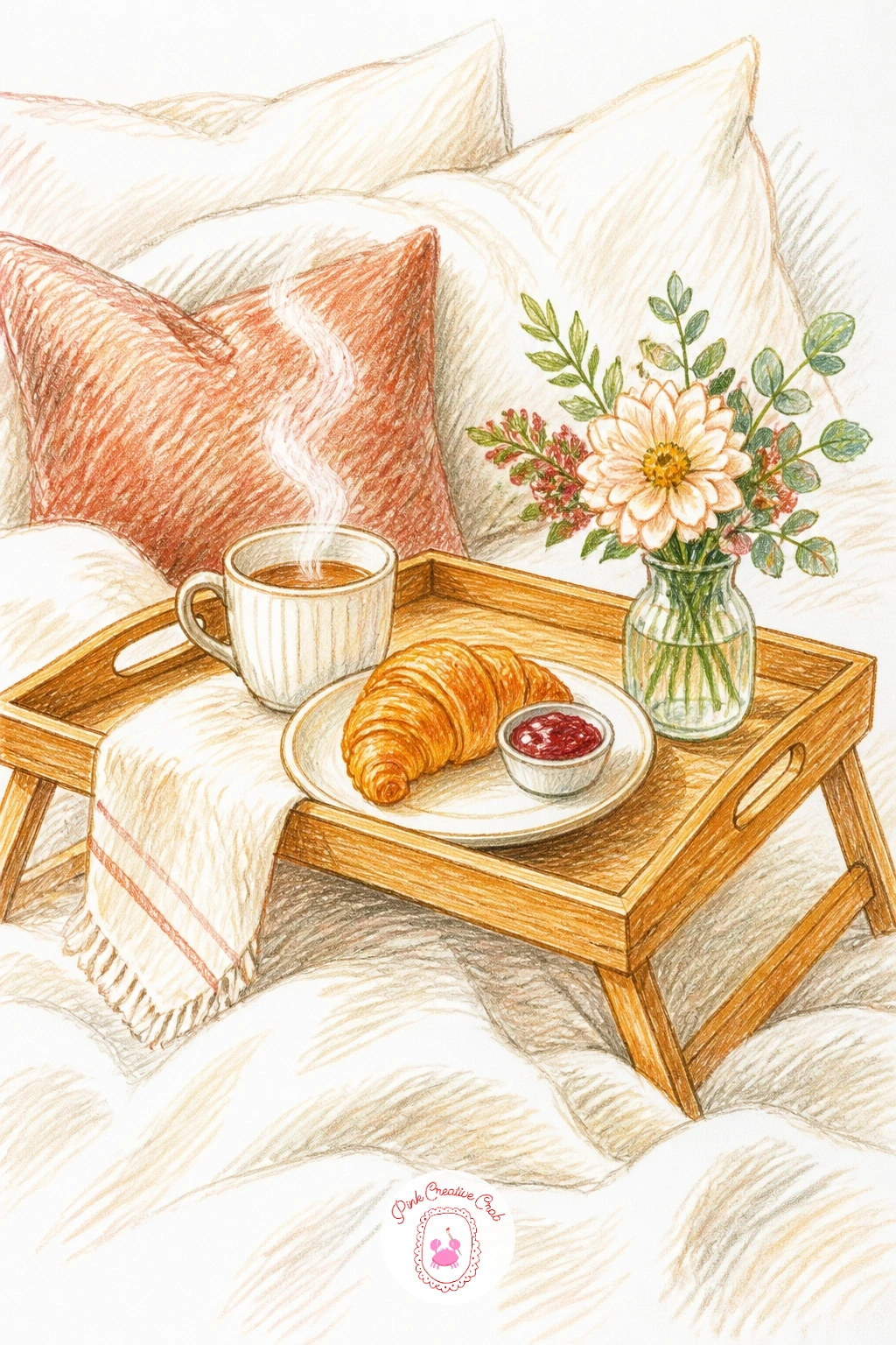 Breakfast Tray in Bed With Flowers — Sketch the tray itself first as a simple rectangle resting across a lap or bed, then add the small items on it in this
