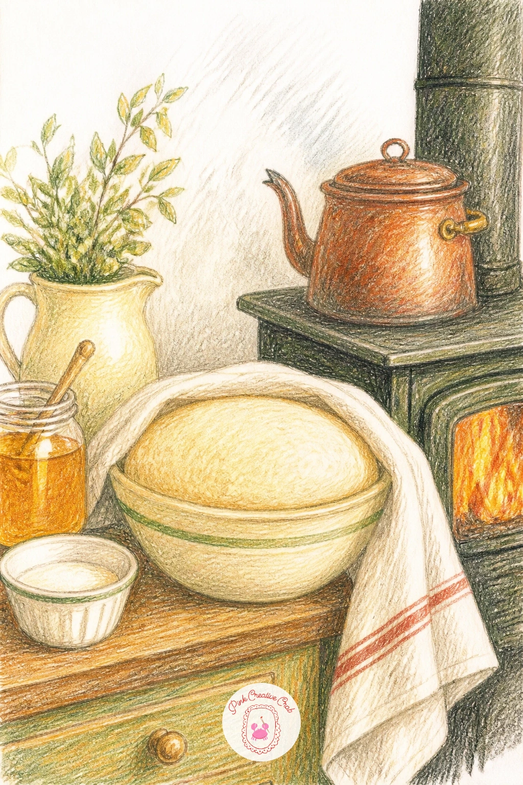 Cottage Kitchen With Bread Rising by the Stove — Lay out the kitchen loosely first: a stove shape in one corner, a counter running along one side, and a bowl