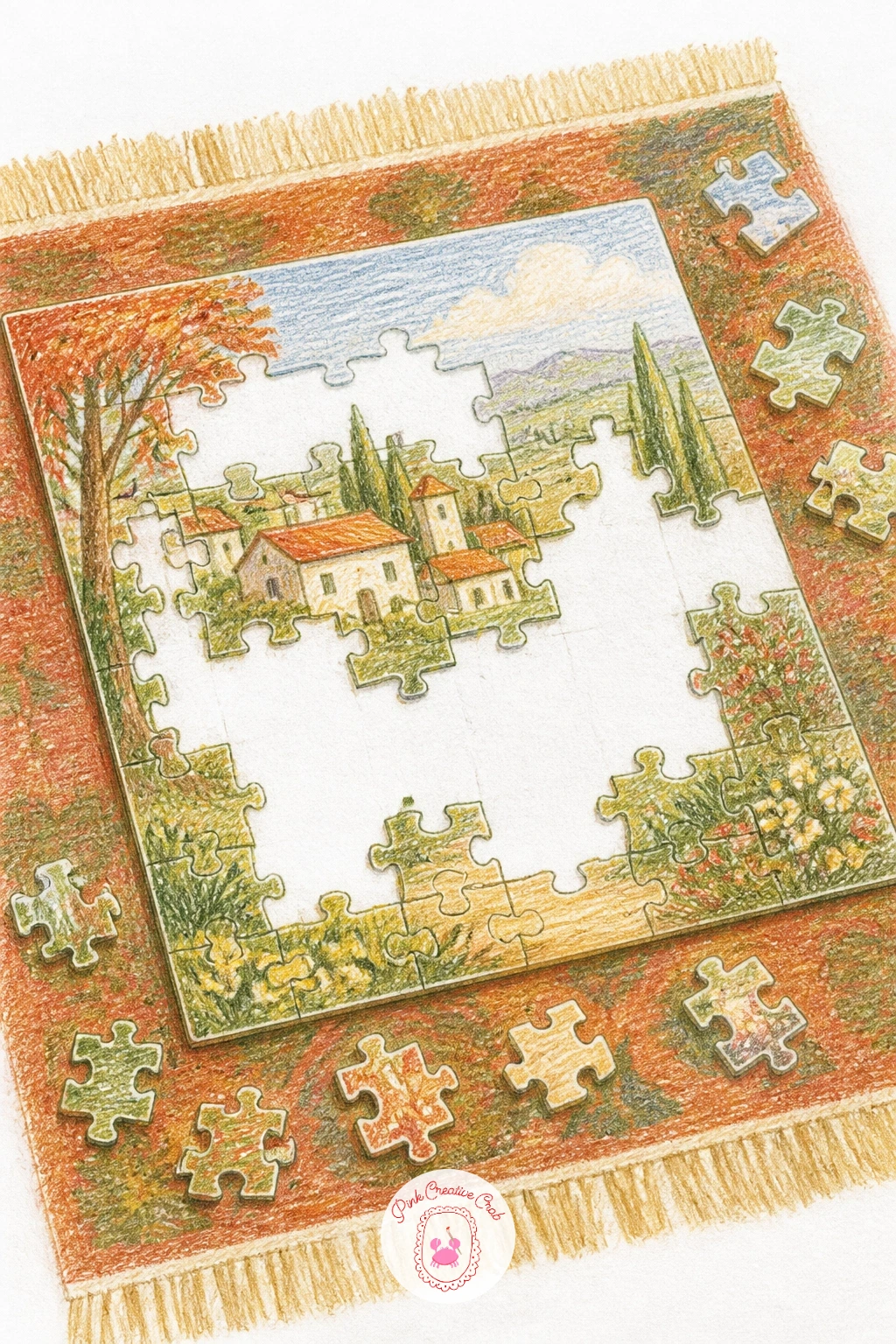 Half-Finished Jigsaw Puzzle on a Rug — Draw a simple rectangular puzzle outline first, then fill in only part of it with individual puzzle piece shapes