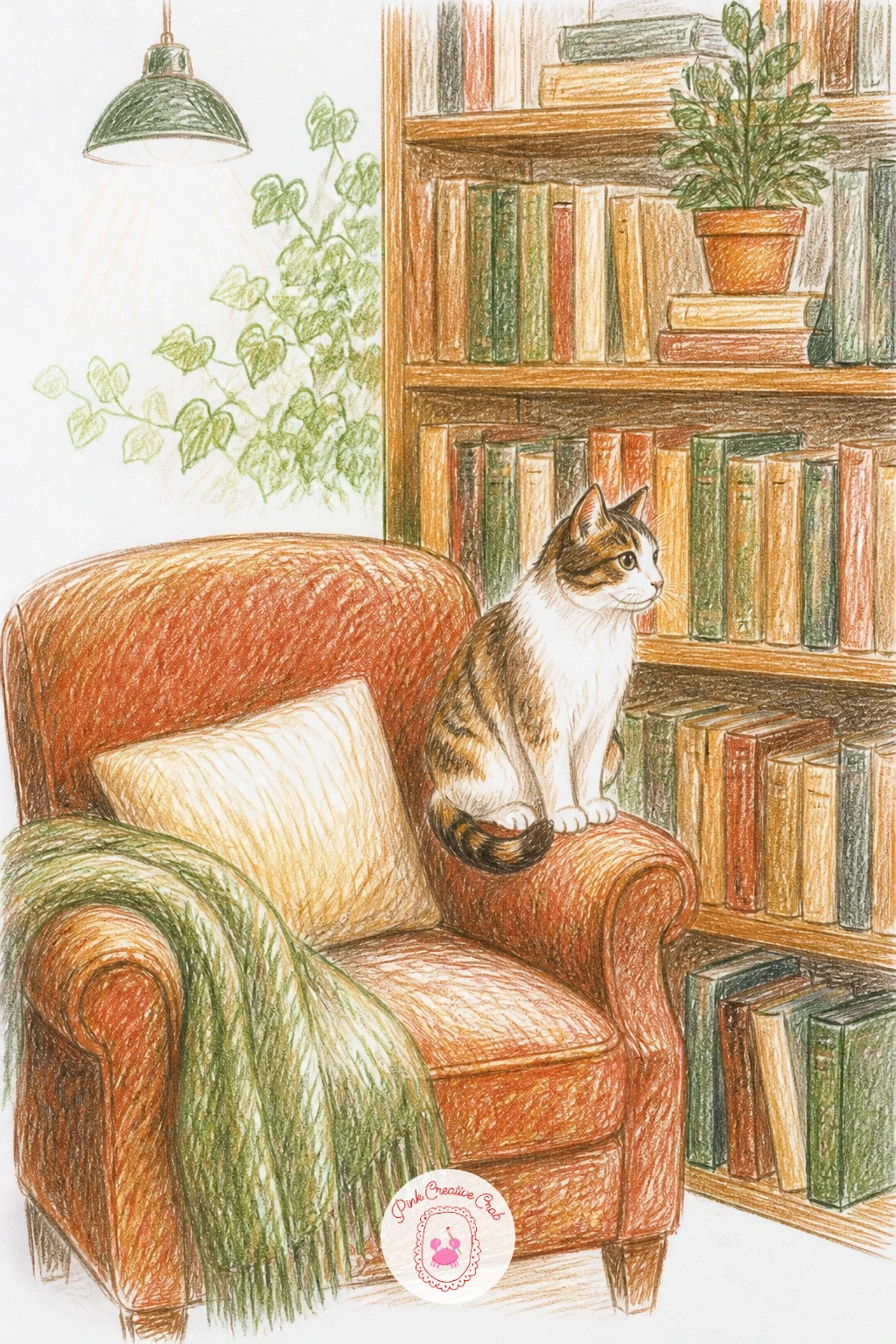 Bookshop Corner With an Armchair and a Cat — Sketch tall bookshelves along one edge of the page first, drawing the books as simple vertical rectangles of