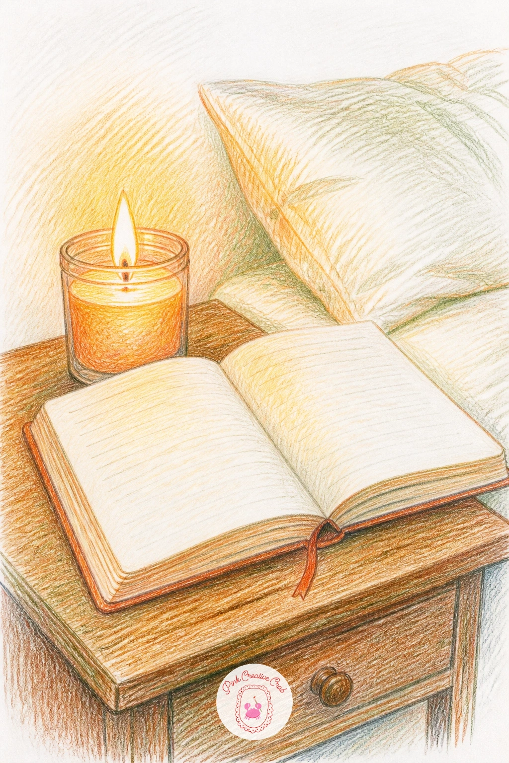 Candle and Journal on a Nightstand — Draw the nightstand surface as a simple flat shape first, then place the candle and journal side by side on top, the