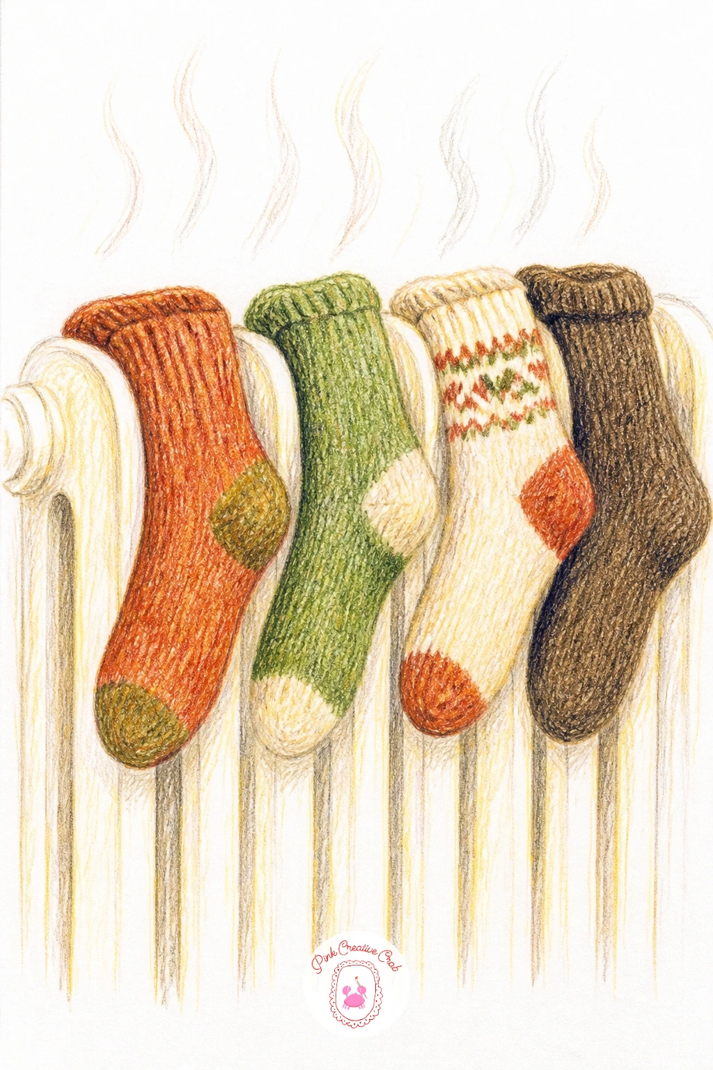 Wool Socks Drying on a Radiator — Draw the radiator first as a simple series of vertical ribs, then drape two or three mismatched socks over the top edge, each