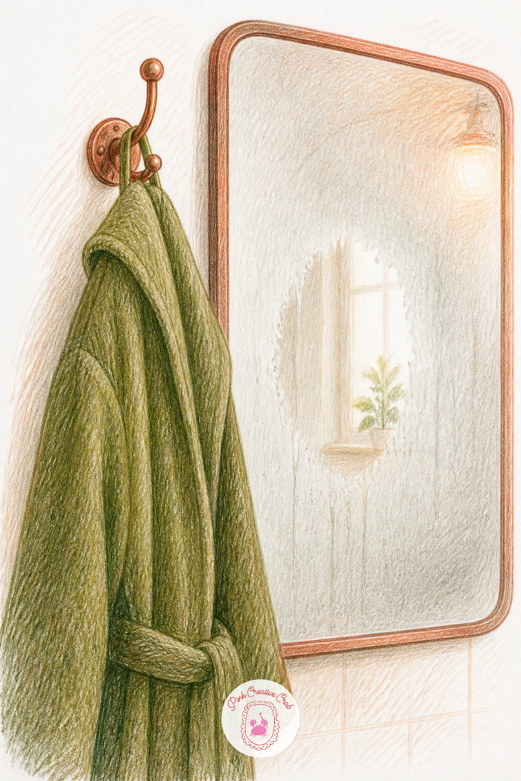 Bathrobe on a Hook by a Steamy Mirror — Draw the hook and door first as simple straight lines, then hang the robe from it in a loose, slightly slouching shape