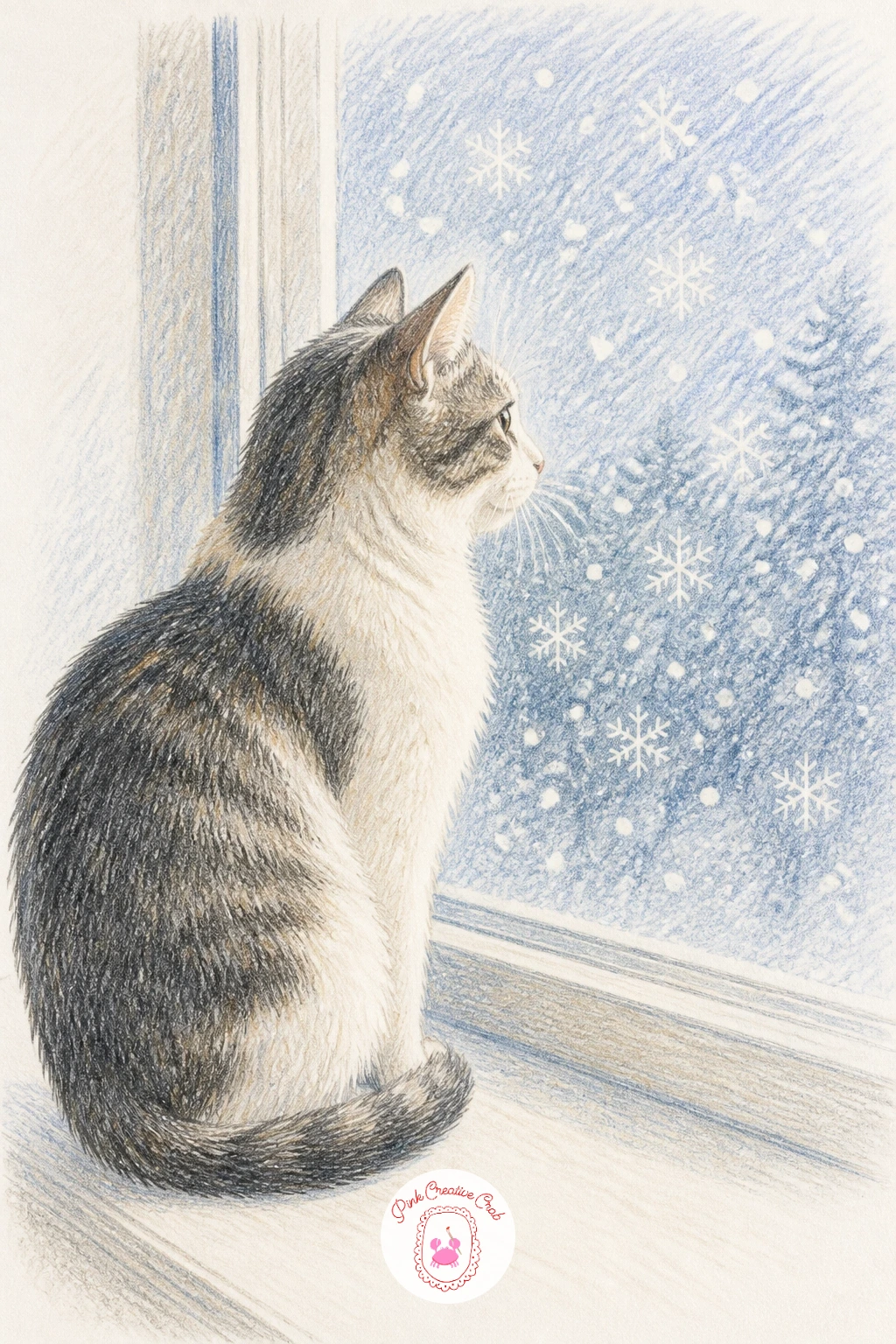 Cat Watching Snowflakes From a Windowsill — Place the cat first, sitting upright in a neat loaf or tall seated shape on a simple windowsill ledge, its head